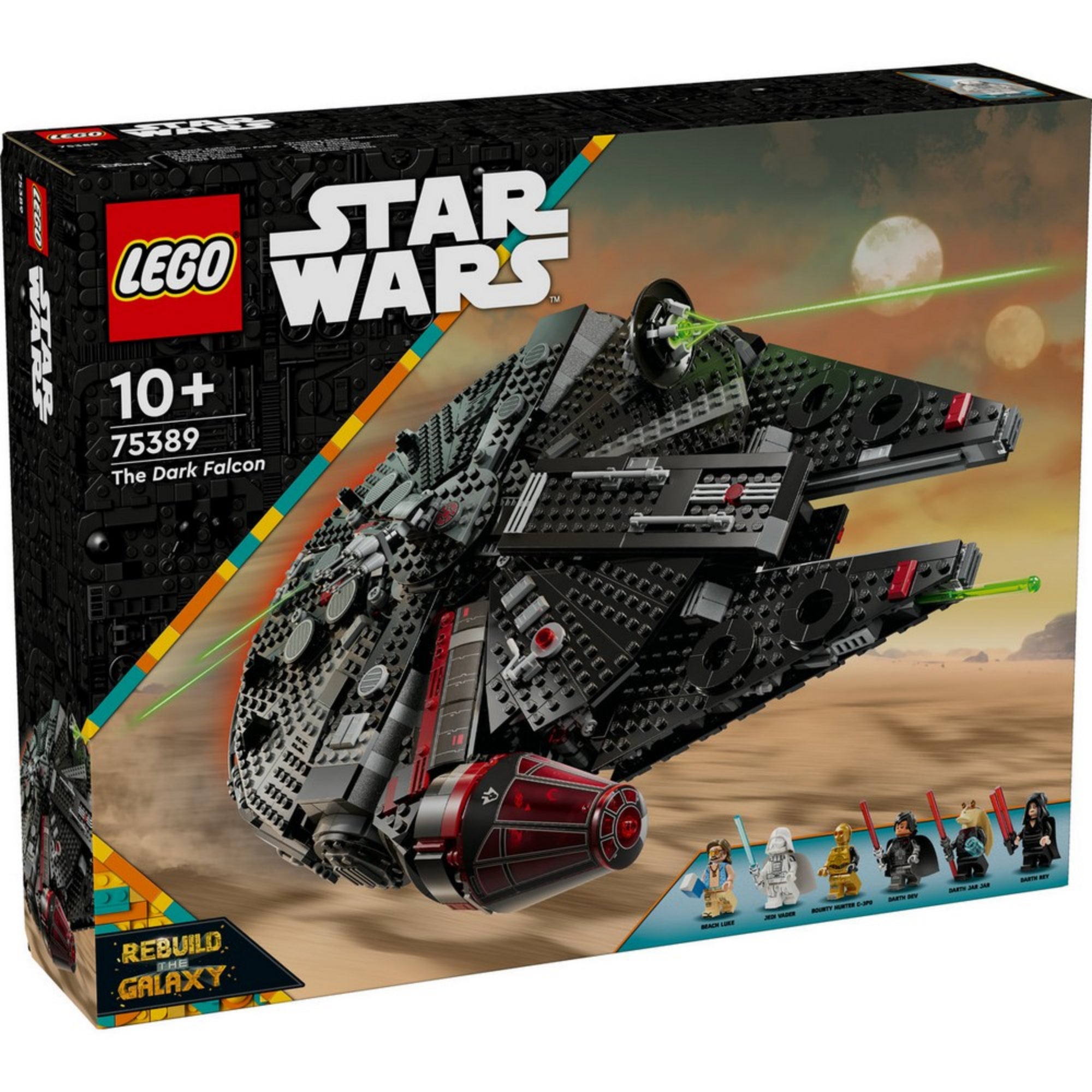A LEGO Star Wars A Sötét Sólyom (75389) szett doboza, amelyen a sivatagi háttérben repülő, fekete-piros Millennium Falcon látható. Az alsó részen a hat karakter sziluettje szerepel.