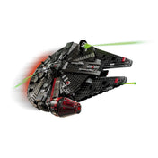 Látványos illusztráció a LEGO Star Wars A Sötét Sólyom (75389) hajóról repülés közben, zöld lézernyalábokkal és elmosódott háttérrel a sebesség érzékeltetésére.