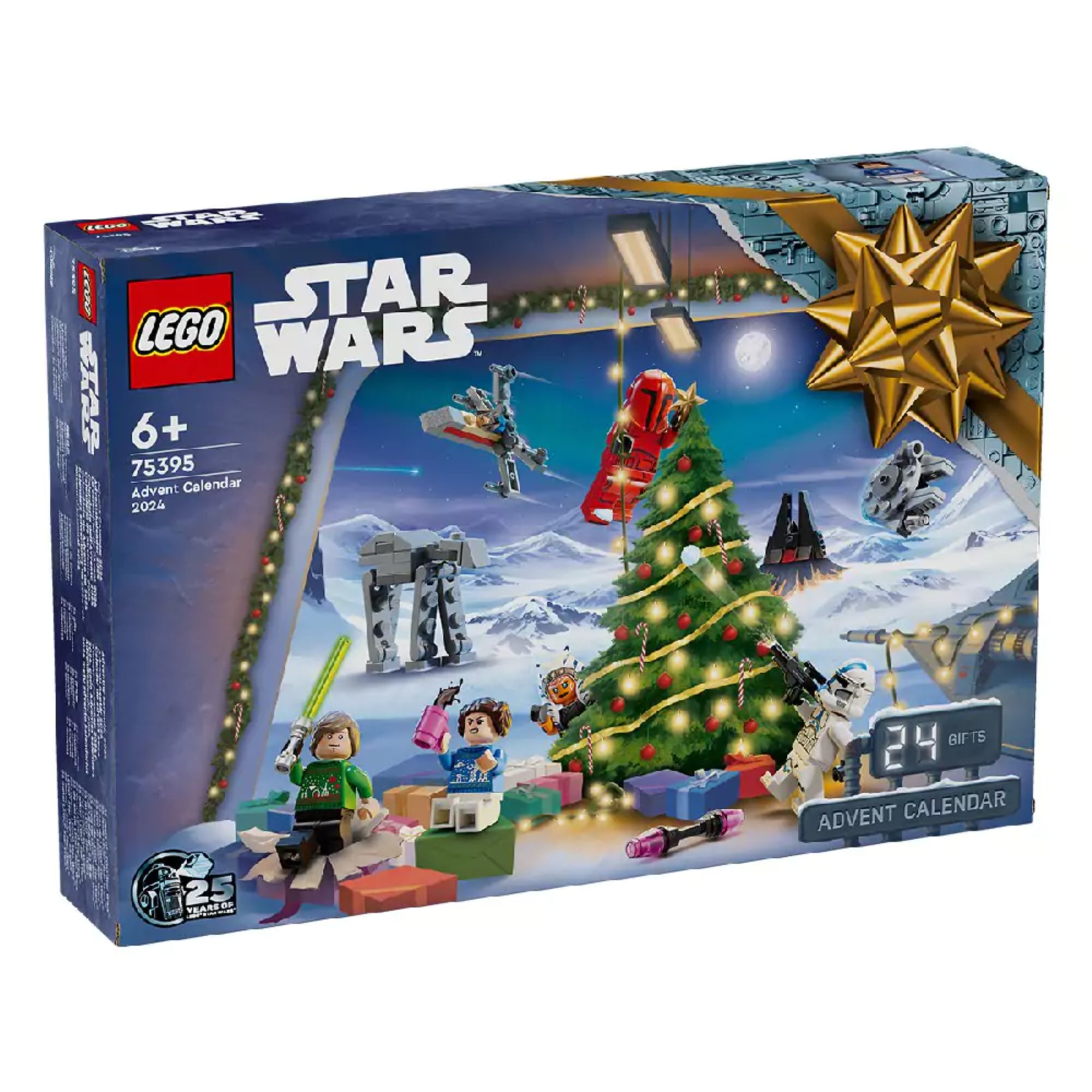 Ez a képen látható termék a LEGO Star Wars 2024-es adventi naptár (75395), amely egy különleges, ünnepi hangulatú szett 6 éves kortól. A doboz előlapján egy havas tájban felállított karácsonyfa körül zajlik az ünnepi jelenet, Star Wars ikonikus szereplőivel és járműveivel.
