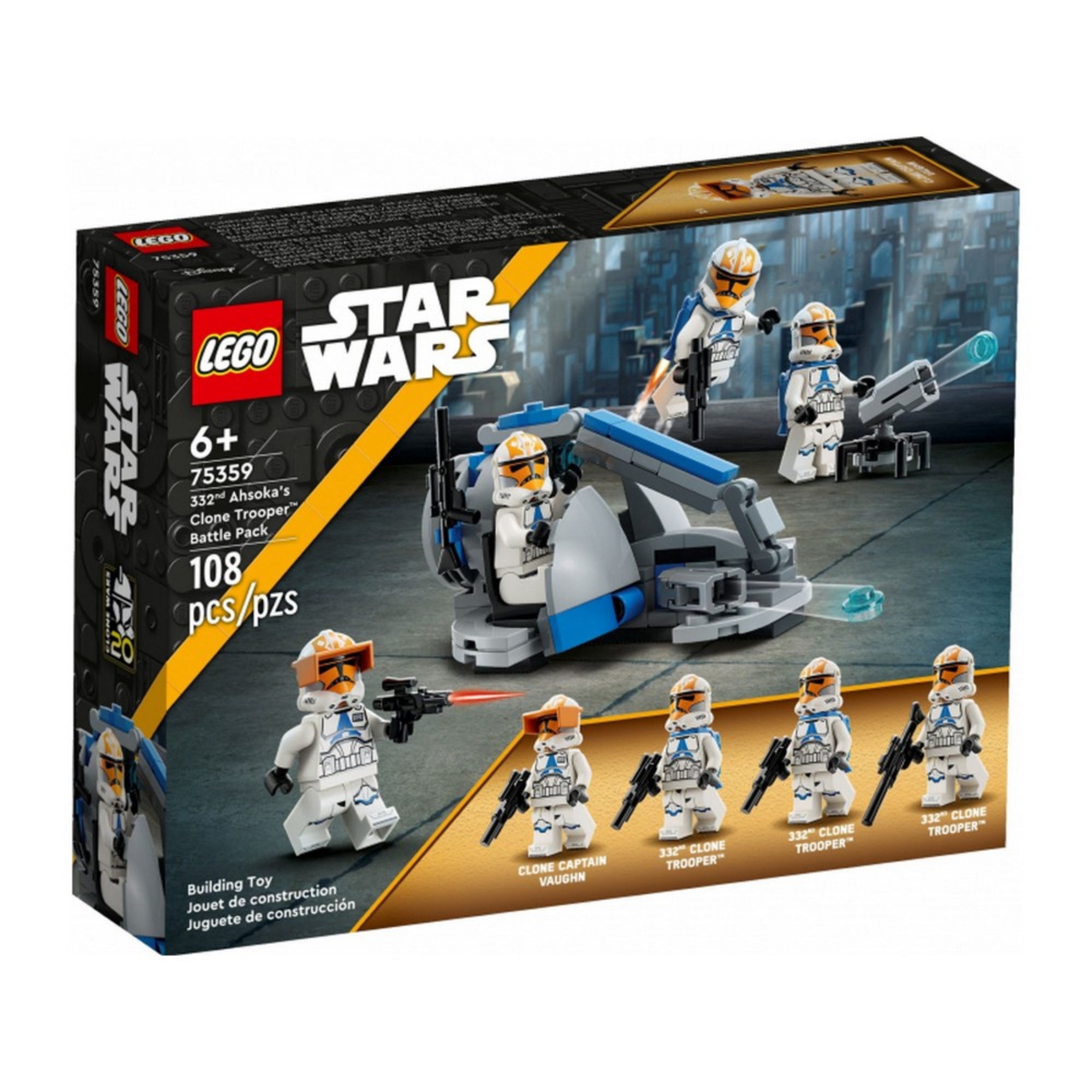 A LEGO Star Wars 75359-es készlet színes doboza, előtérben a klónkatonák és az ágyú, háttérben városi jelenettel. A doboz alján a négy minifigura is megjelenik névvel.