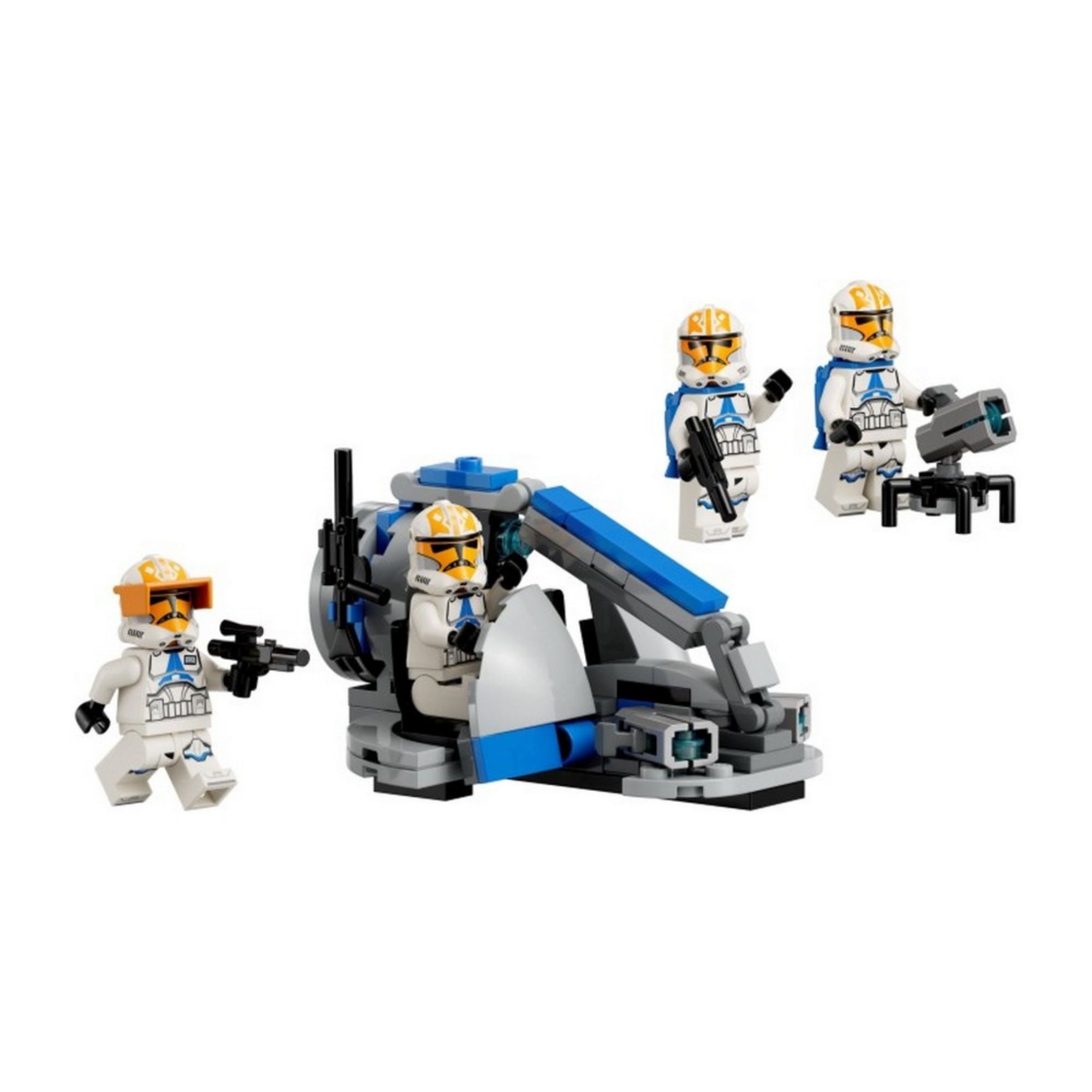Részletes kép a LEGO Star Wars 75359 – Ahsoka 332. légiós klónkatonája harci csomag teljes készletéről, benne négy minifigurával, egy üteggel és egy kisméretű lézerágyúval.