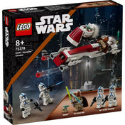 Dobozos LEGO Star Wars BARC Speeder menekülés (75378) készlet, előtérben a Grogu figurát szállító speeder motorral, valamint a csomagban található minifigurákkal: Grogu, Kelleran Beq és két 501-es klónkatona.