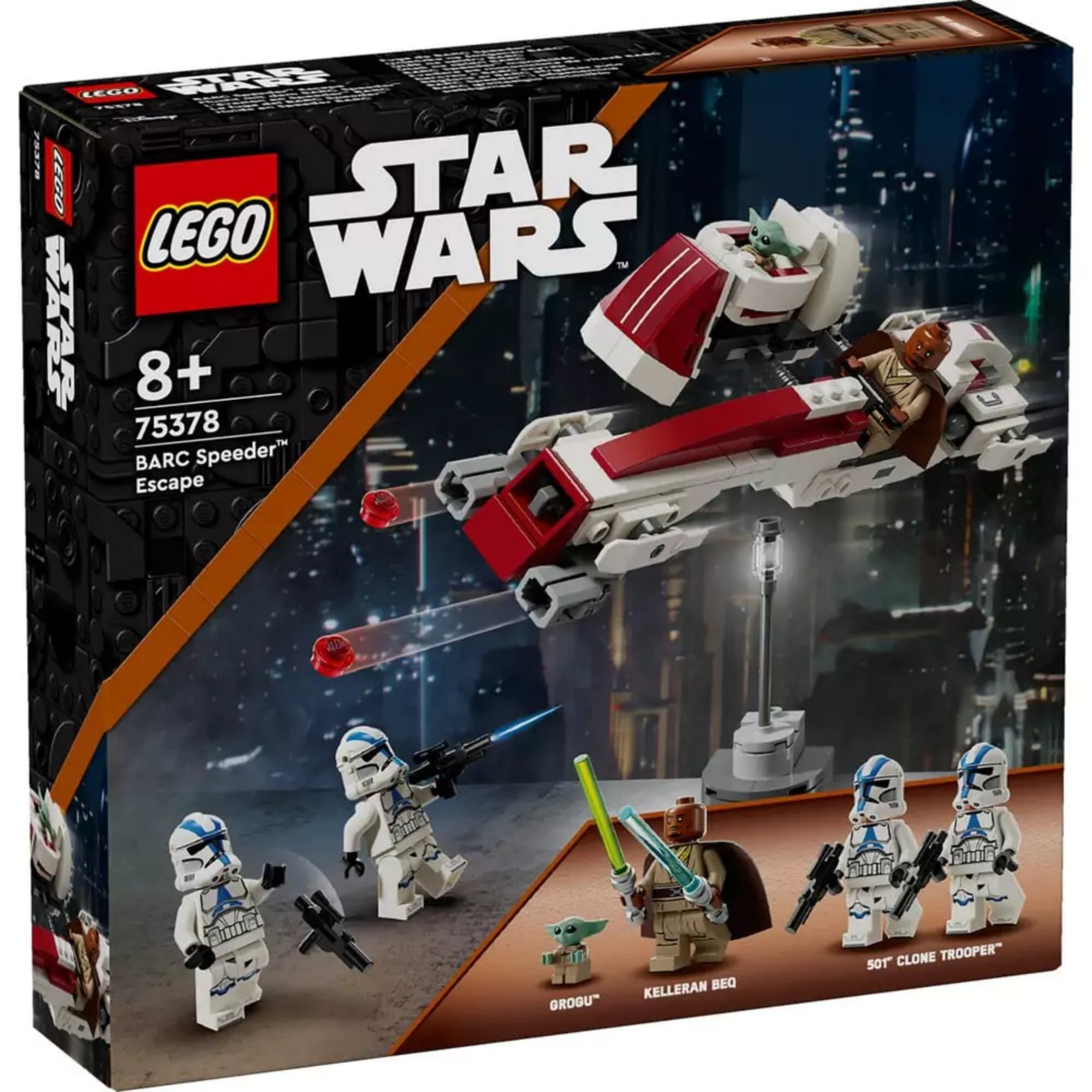 Dobozos LEGO Star Wars BARC Speeder menekülés (75378) készlet, előtérben a Grogu figurát szállító speeder motorral, valamint a csomagban található minifigurákkal: Grogu, Kelleran Beq és két 501-es klónkatona.