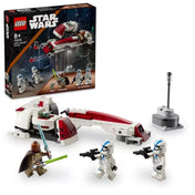A LEGO Star Wars BARC Speeder menekülés (75378) készlet doboza és az összeállított elemei, köztük a piros-fehér BARC speeder, Grogu bölcsője, valamint a négy minifigura: Kelleran Beq, Grogu és két 501-es klónkatona.