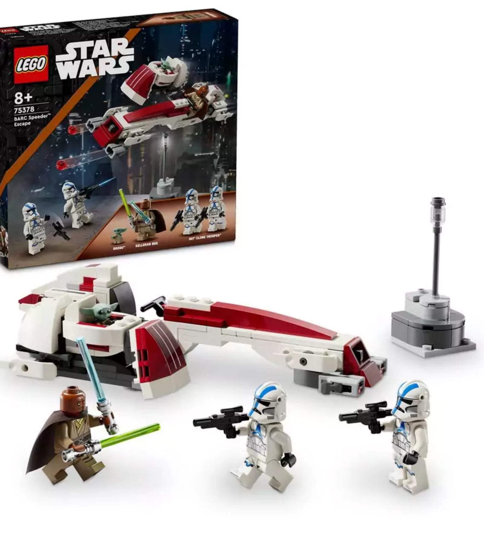A LEGO Star Wars BARC Speeder menekülés (75378) készlet doboza és az összeállított elemei, köztük a piros-fehér BARC speeder, Grogu bölcsője, valamint a négy minifigura: Kelleran Beq, Grogu és két 501-es klónkatona.