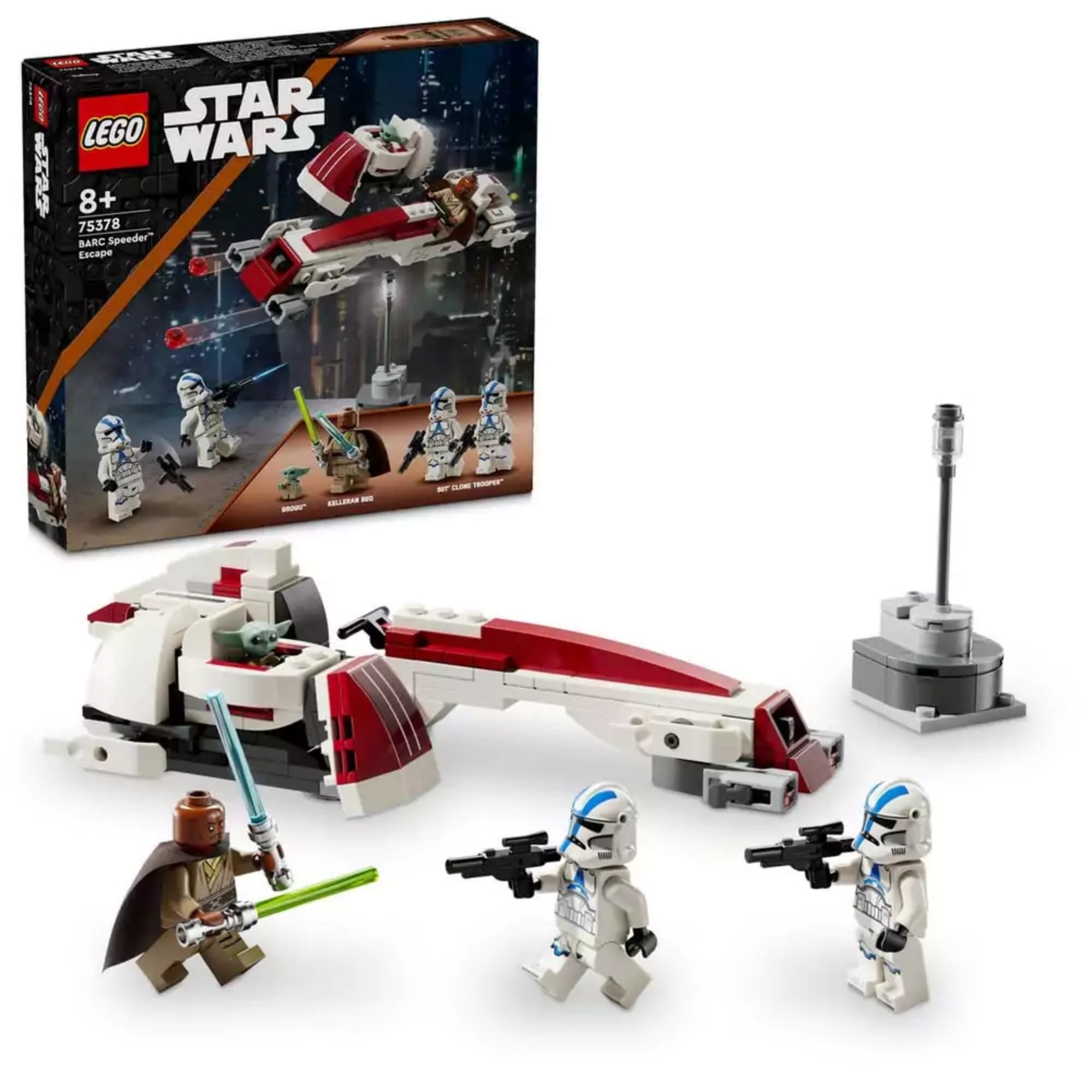 A LEGO Star Wars BARC Speeder menekülés (75378) készlet doboza és az összeállított elemei, köztük a piros-fehér BARC speeder, Grogu bölcsője, valamint a négy minifigura: Kelleran Beq, Grogu és két 501-es klónkatona.