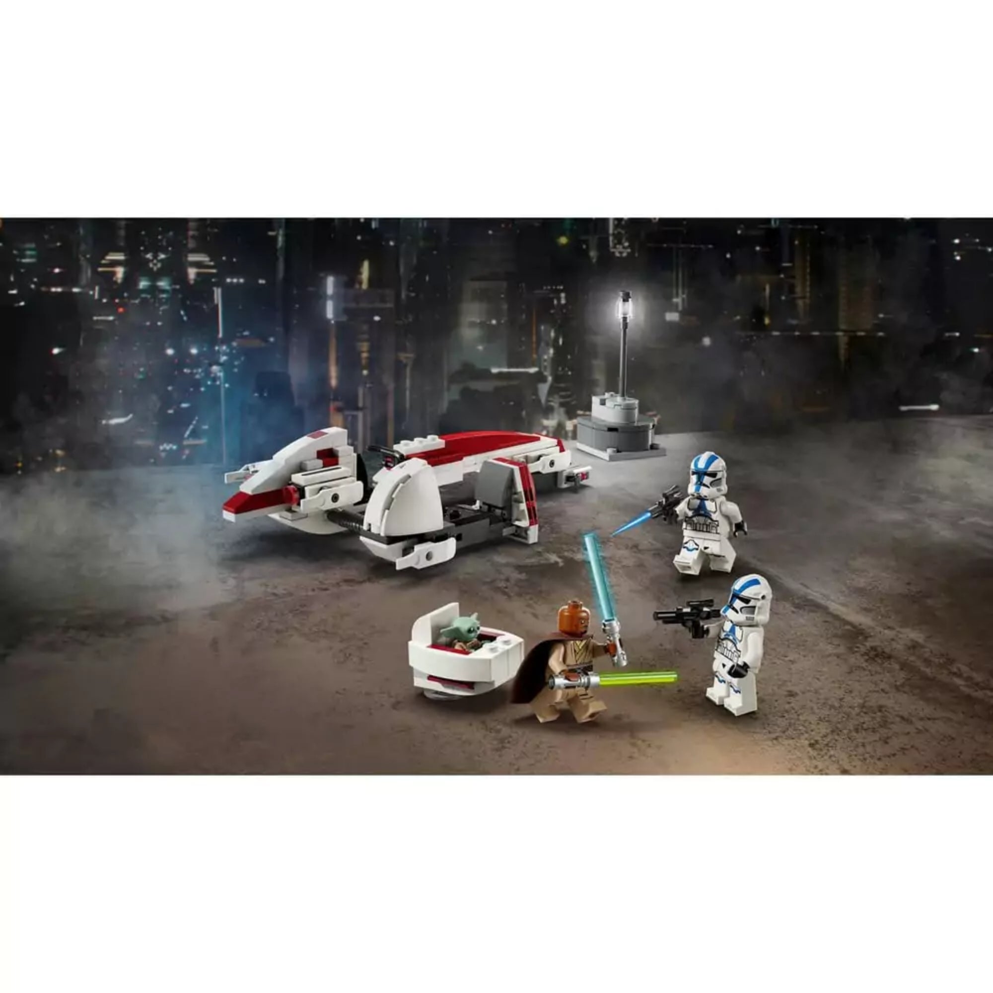 Harcjelenetet ábrázoló illusztráció a LEGO Star Wars BARC Speeder menekülés (75378) készlettel, Grogu, Kelleran Beq fénykarddal, valamint két 501-es klónkatona fegyverekkel, a háttérben a speeder szétszerelt állapotban látható.