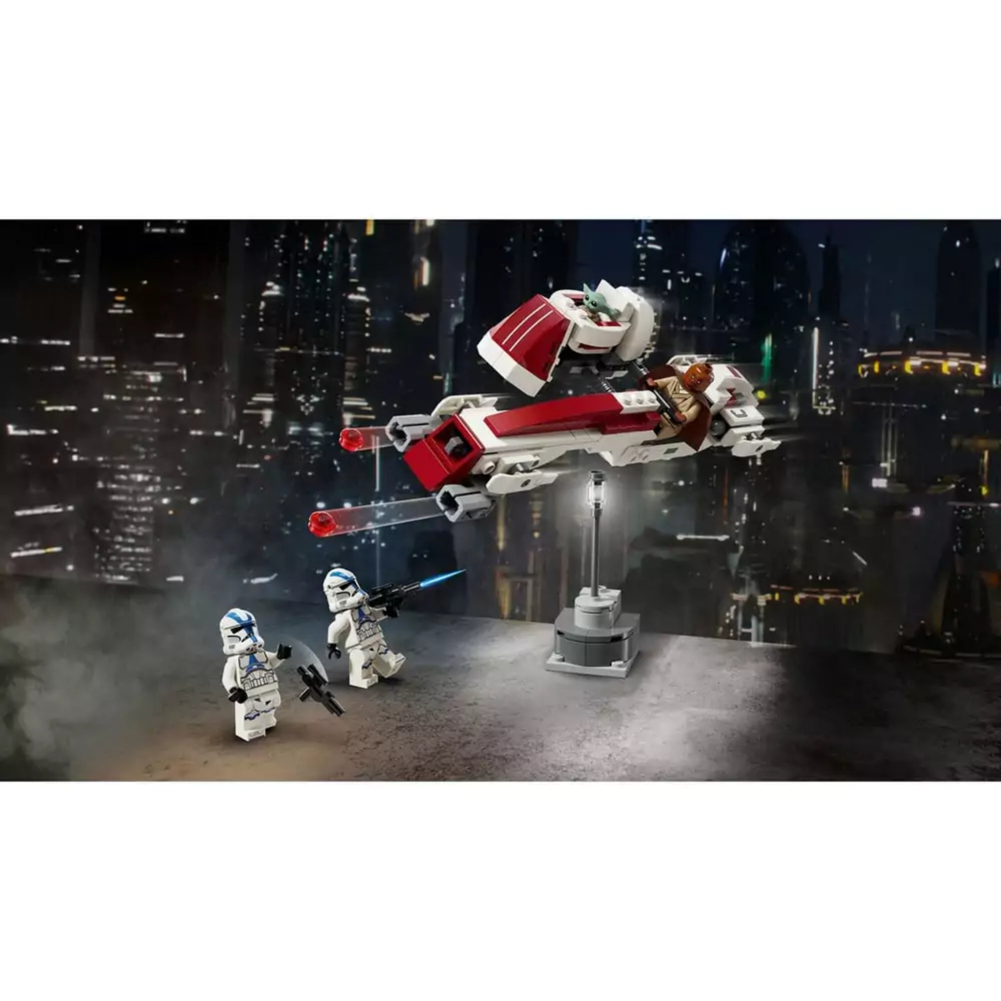LEGO Star Wars BARC Speeder menekülés (75378) akciójelenet illusztráció: a levegőben száguldó speederen Kelleran Beq és Grogu menekül, míg lent két 501-es klónkatona tüzel rájuk, a jelenet sötét városi háttér előtt játszódik.