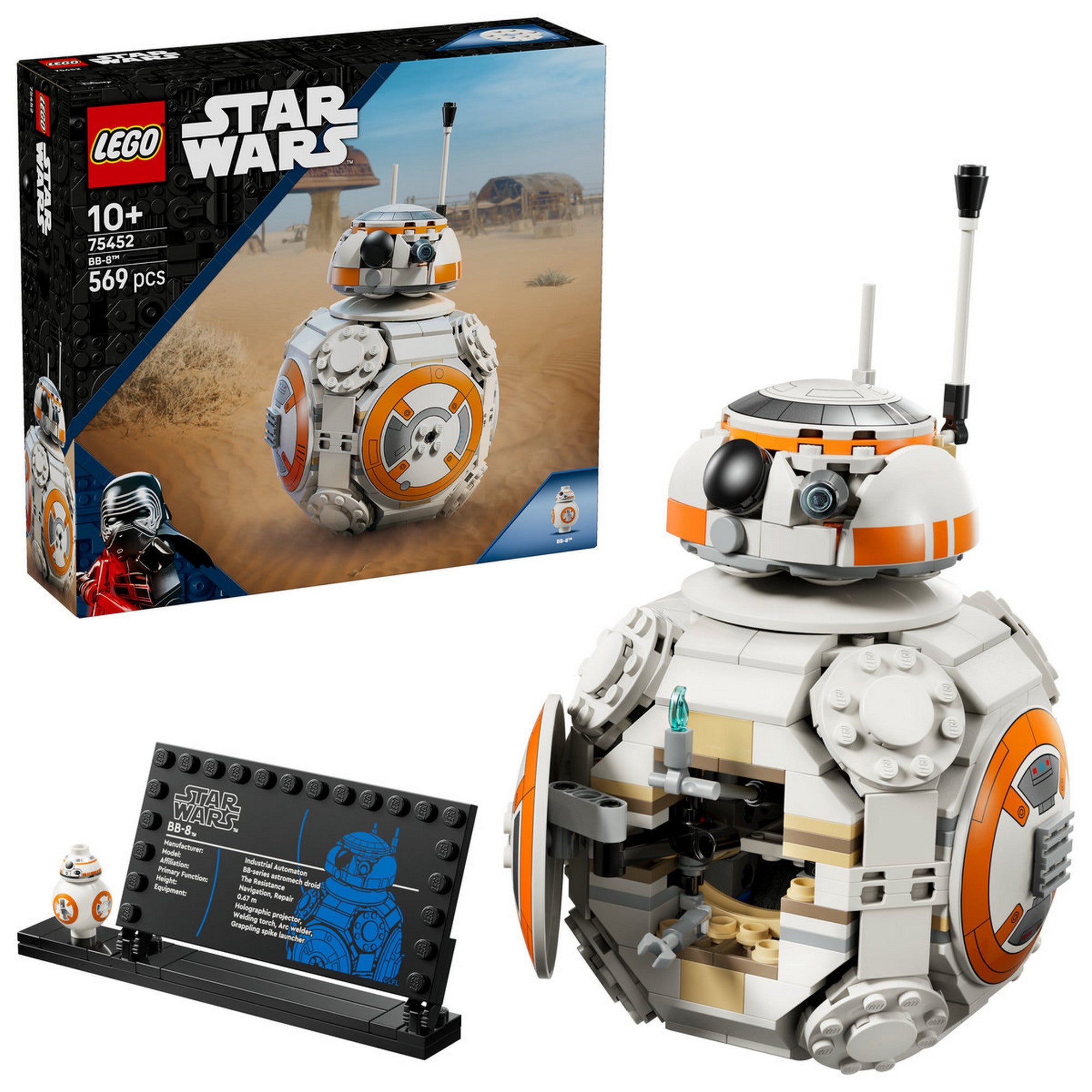 LEGO Star Wars BB-8 (75452) – A megépített BB-8 LEGO droid nyitott belső résszel és információs táblával.