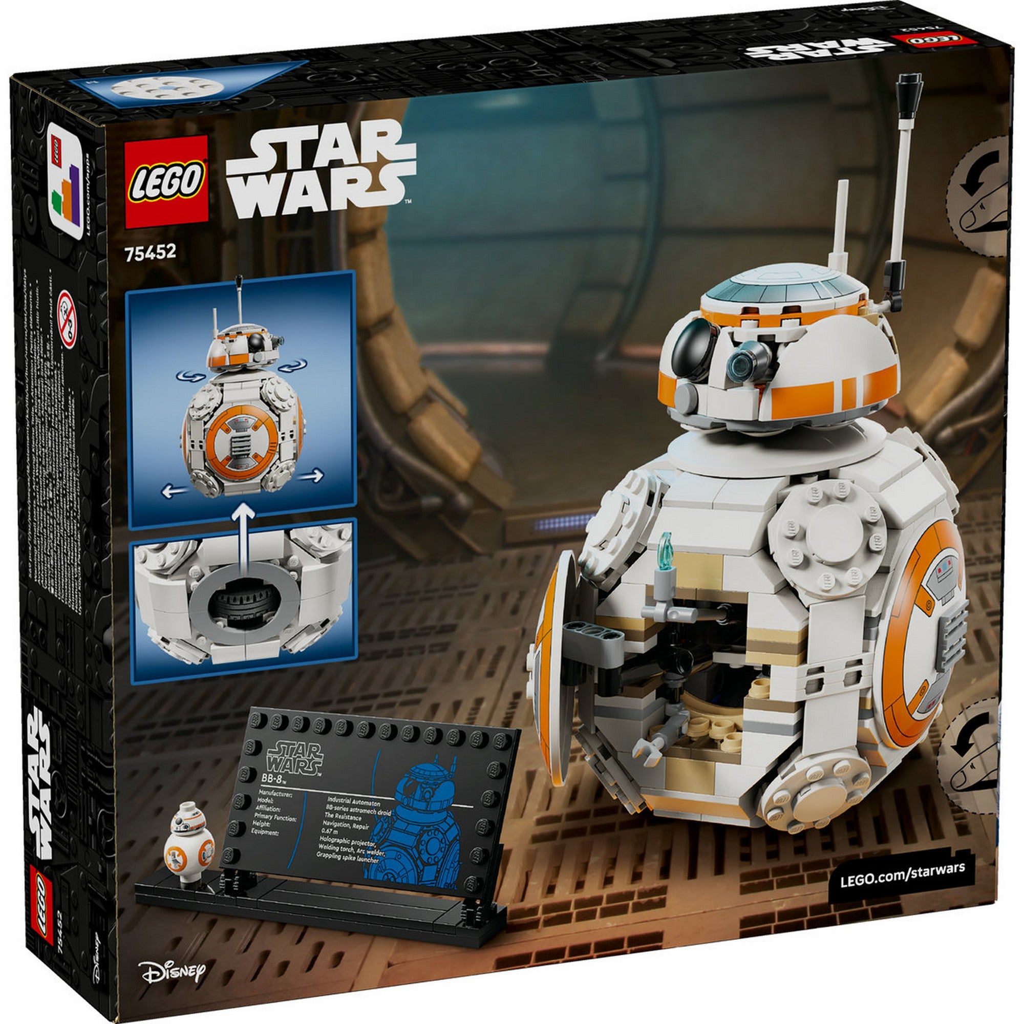 LEGO Star Wars BB-8 (75452) – A készlet doboza és a megépített BB-8 LEGO droid kiállító talppal.
