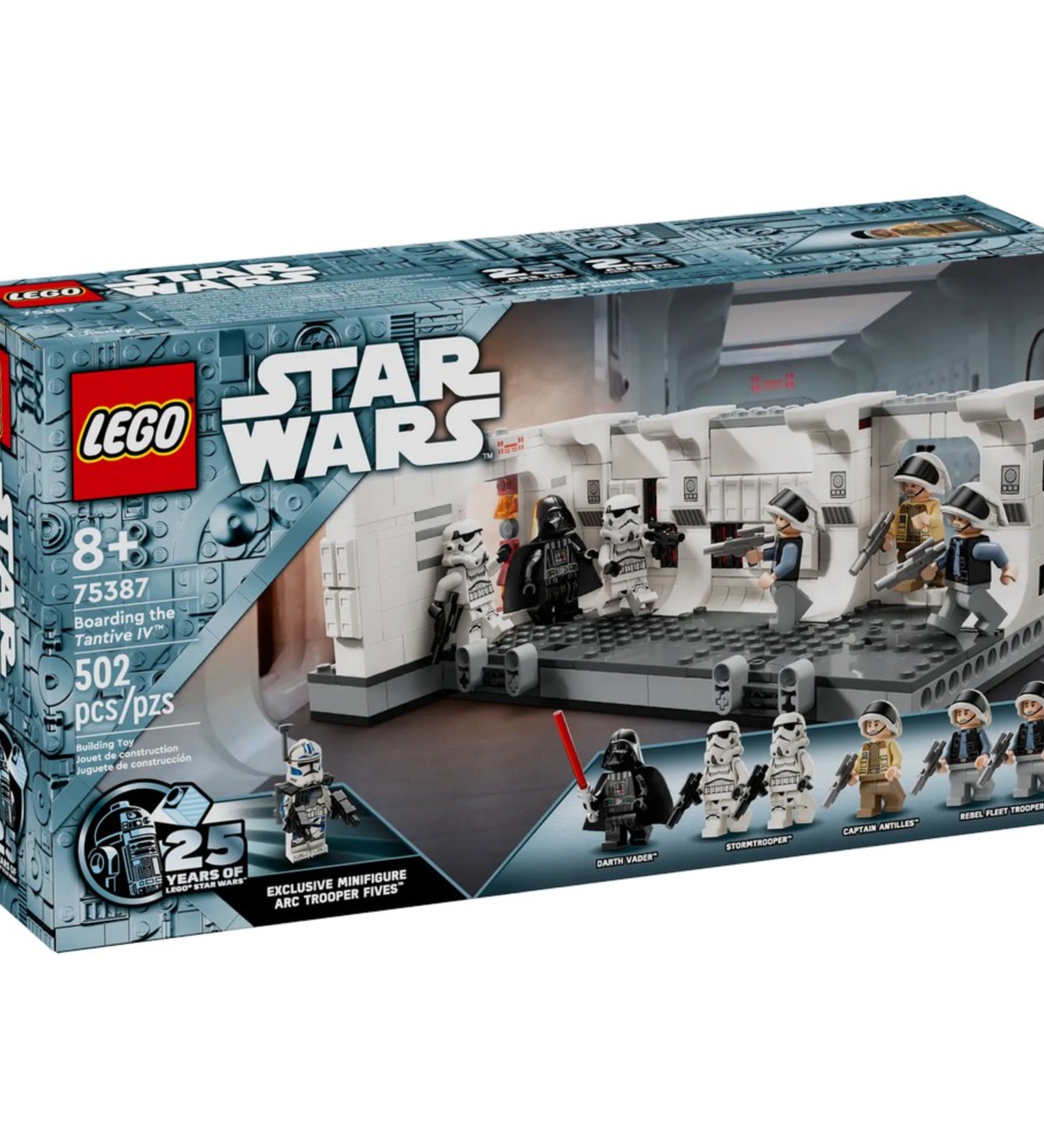 A LEGO Star Wars Beszállás a Tantive IV-be (75387) készlet doboza elölnézetből, amely bemutatja a jelenetet, a figurákat és a 25 éves jubileumi ARC Trooper Fives minifigurát.