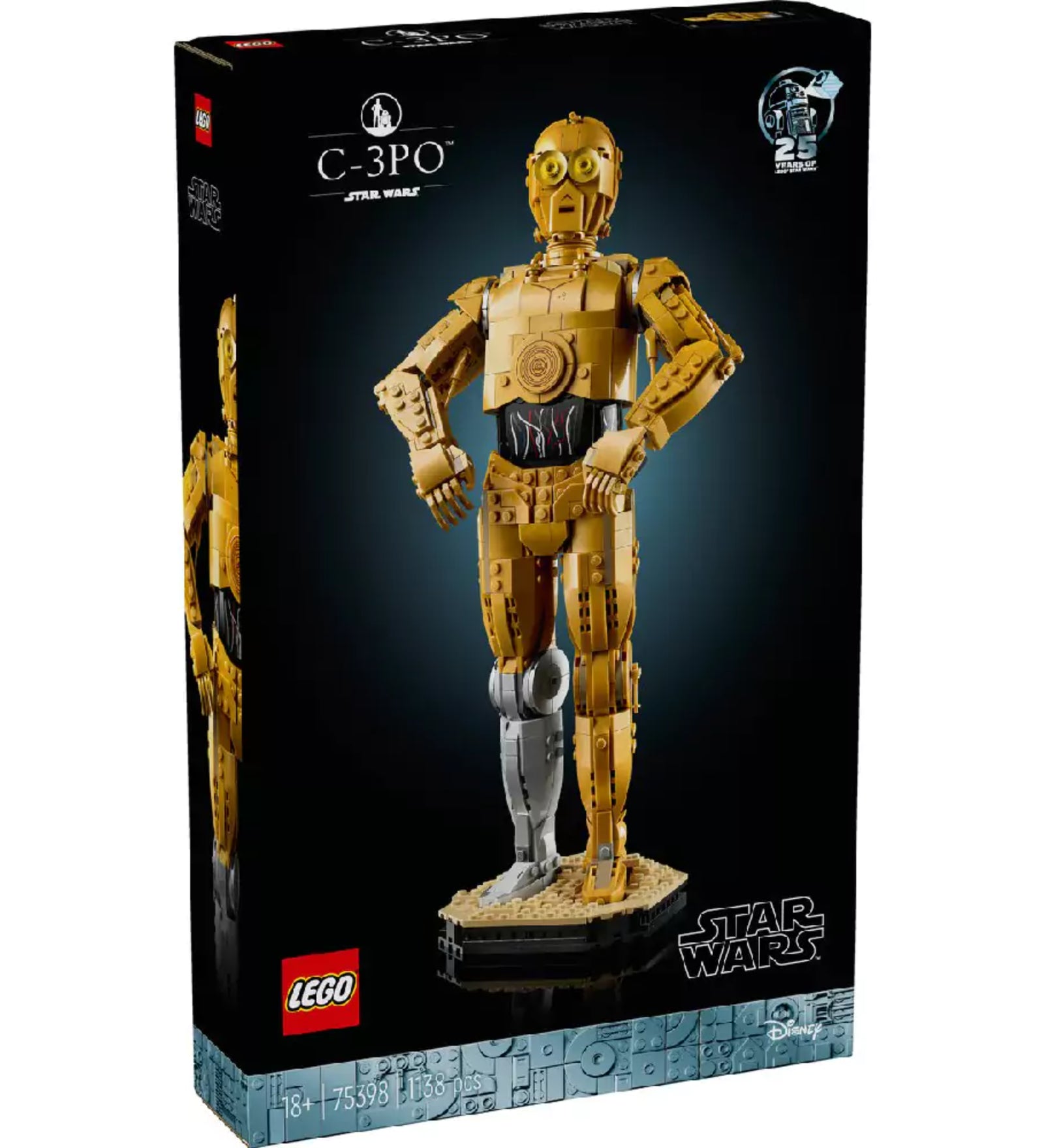 LEGO Star Wars C-3PO (75398) készlet sötét dizájnú doboza, középen a teljes méretű C-3PO modell arany és ezüst lábbal.