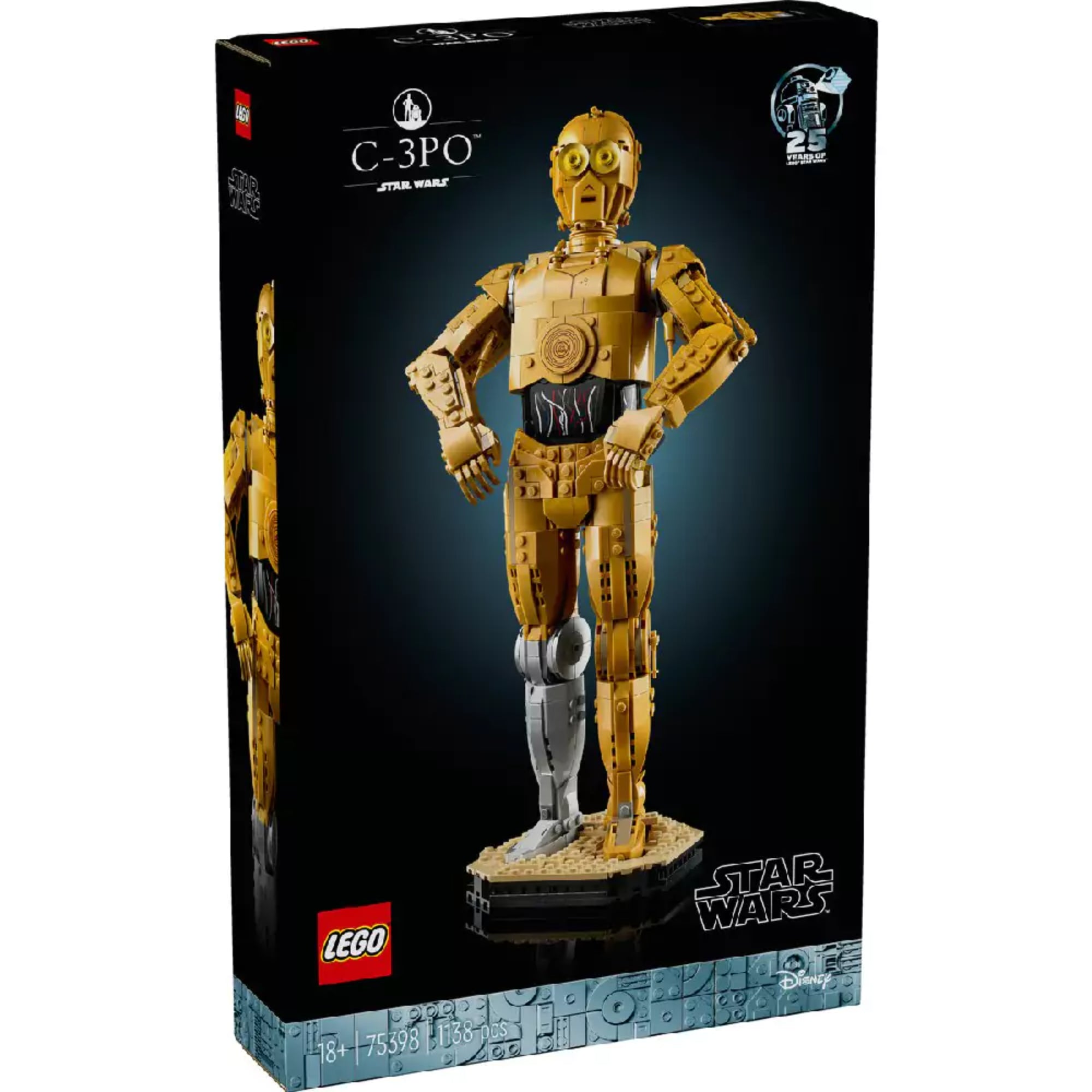 LEGO Star Wars C-3PO (75398) készlet sötét dizájnú doboza, középen a teljes méretű C-3PO modell arany és ezüst lábbal.