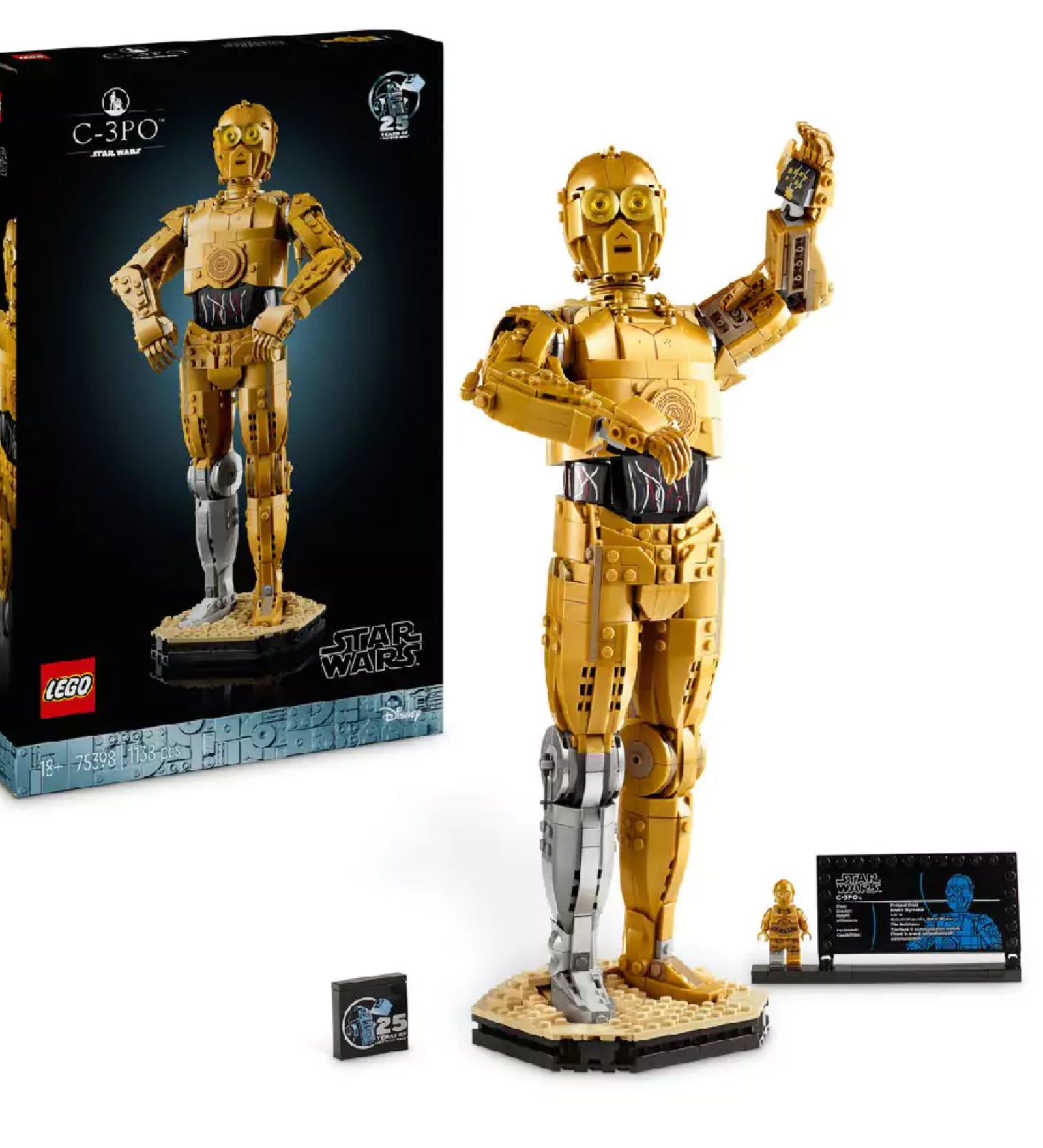 LEGO Star Wars C-3PO (75398) készlet doboza és az összerakott aranyszínű droid figura pózolva, bemutatótáblával és minifigurával kiegészítve.
