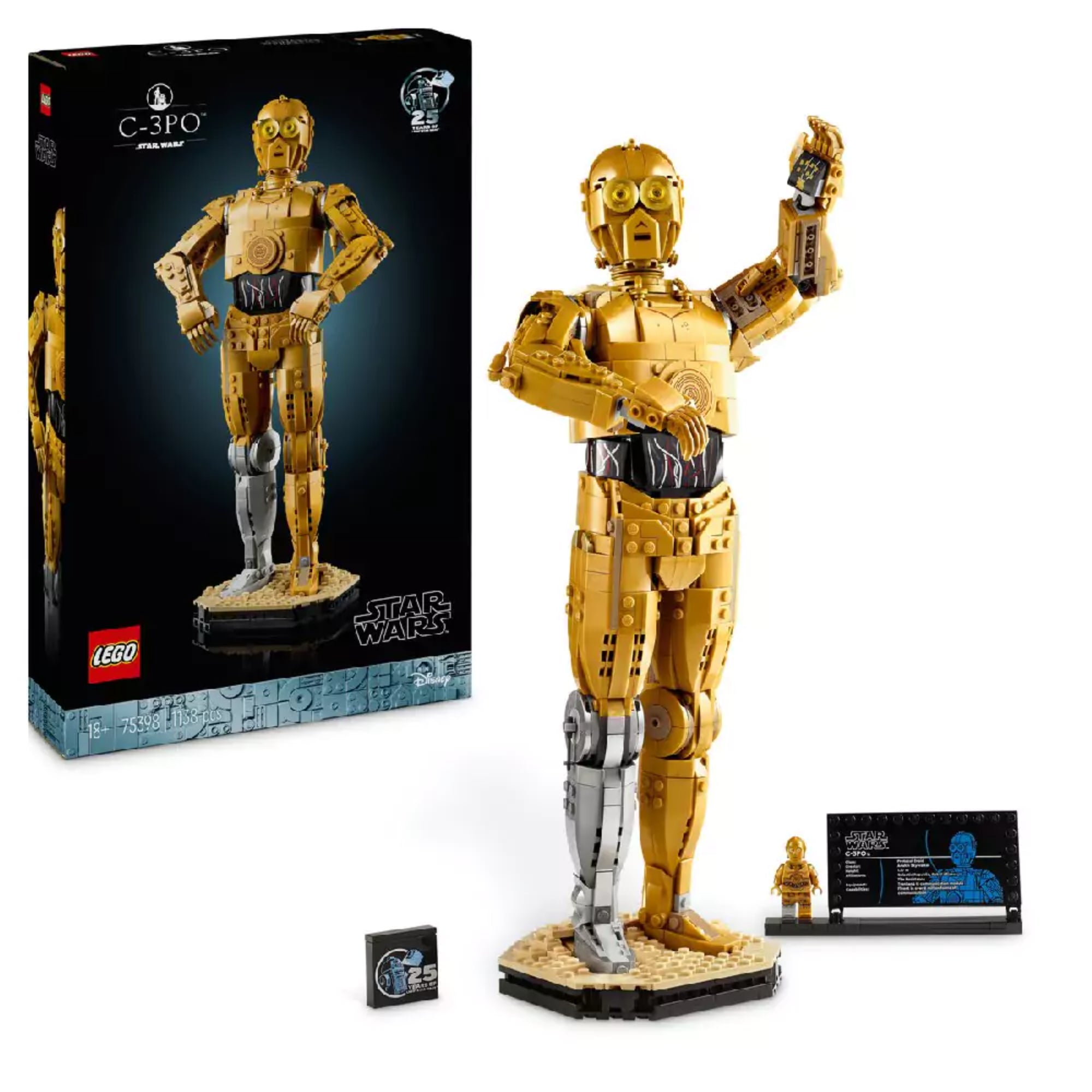 LEGO Star Wars C-3PO (75398) készlet doboza és az összerakott aranyszínű droid figura pózolva, bemutatótáblával és minifigurával kiegészítve.