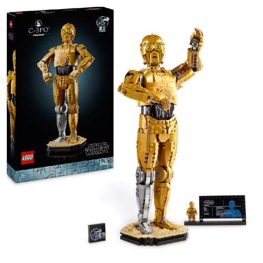 LEGO Star Wars C-3PO (75398) készlet doboza és az összerakott aranyszínű droid figura pózolva, bemutatótáblával és minifigurával kiegészítve.