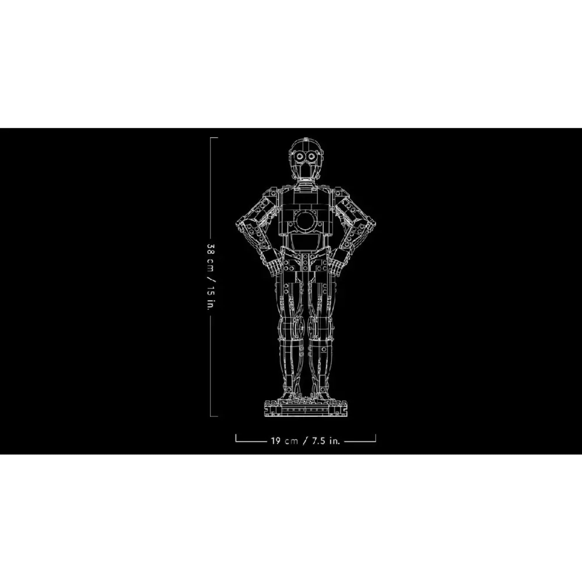 LEGO Star Wars C-3PO (75398) készlet méretábrája fekete háttérrel, a figura magassága 38 cm, szélessége 19 cm.