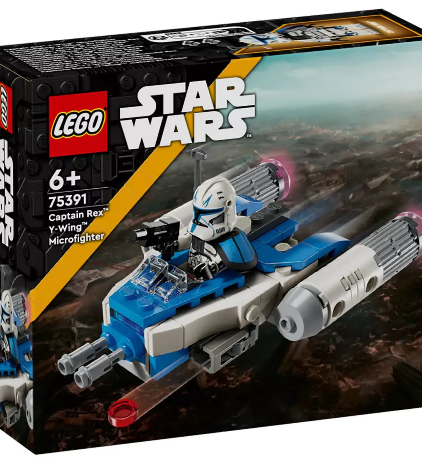 A LEGO Star Wars Captain Rex Y-Wing Microfighter készlet doboza elölnézetből, a repülő járművel és a kapitány minifigurájával a háttérben.