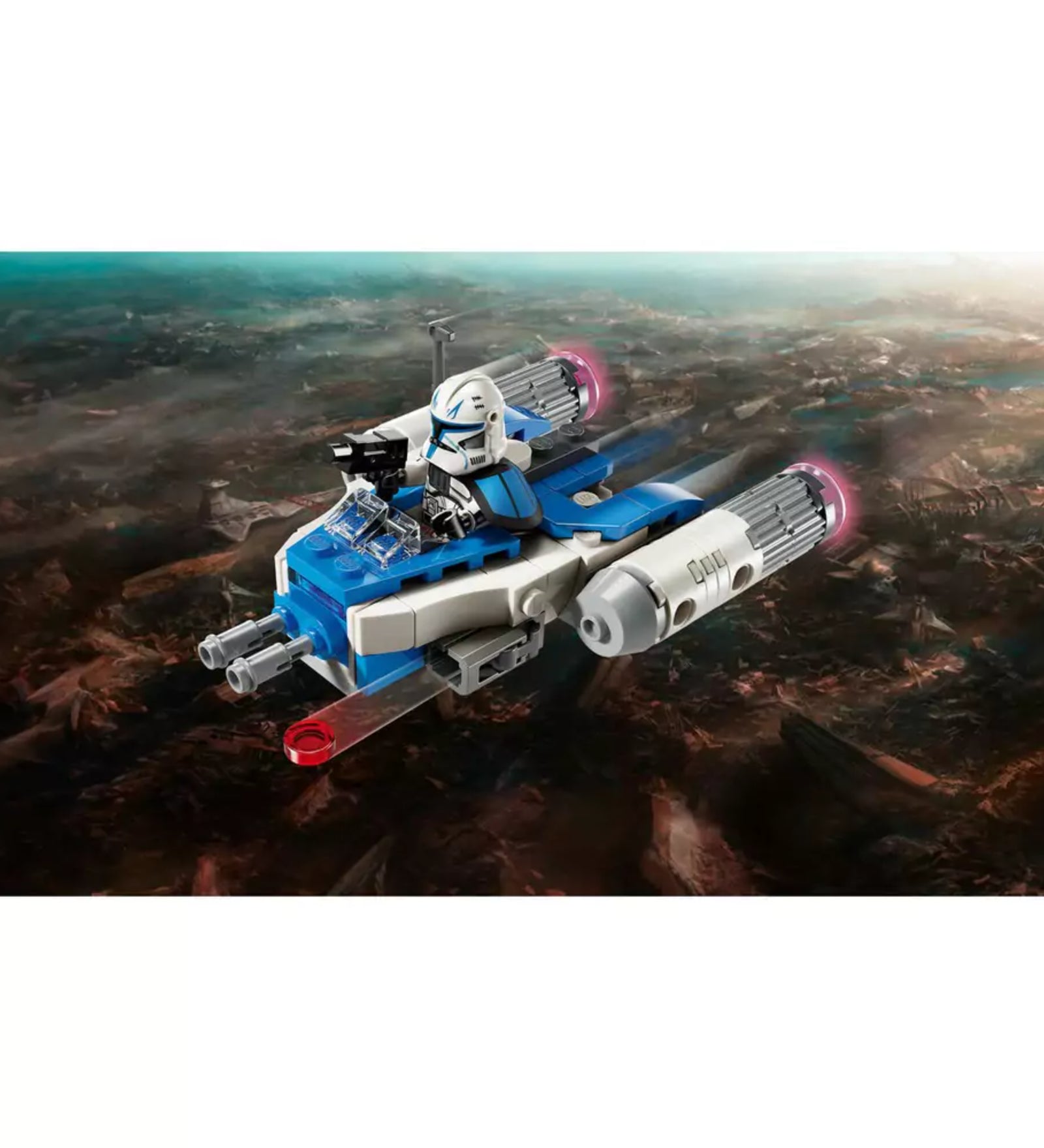 Részletes LEGO Star Wars jelenet, amelyen a Captain Rex minifigurával felszerelt Y-Wing Microfighter repül a csata közepén, fényes hajtóműeffektekkel.