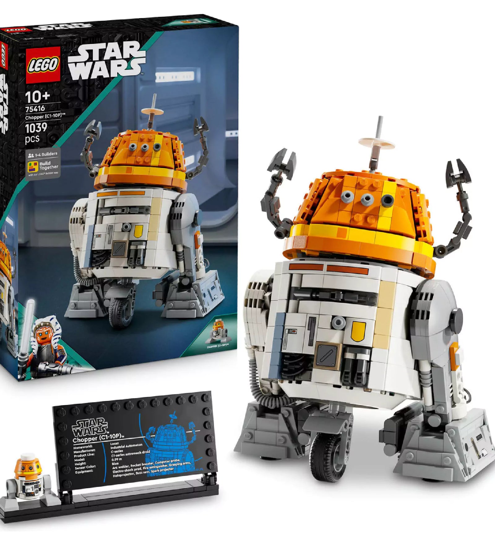 A LEGO Star Wars Chopper (C1-10P) 75416 robotmodell és tartozékai, köztük a bemutatótábla, egy minifigura és a doboz képe látható.