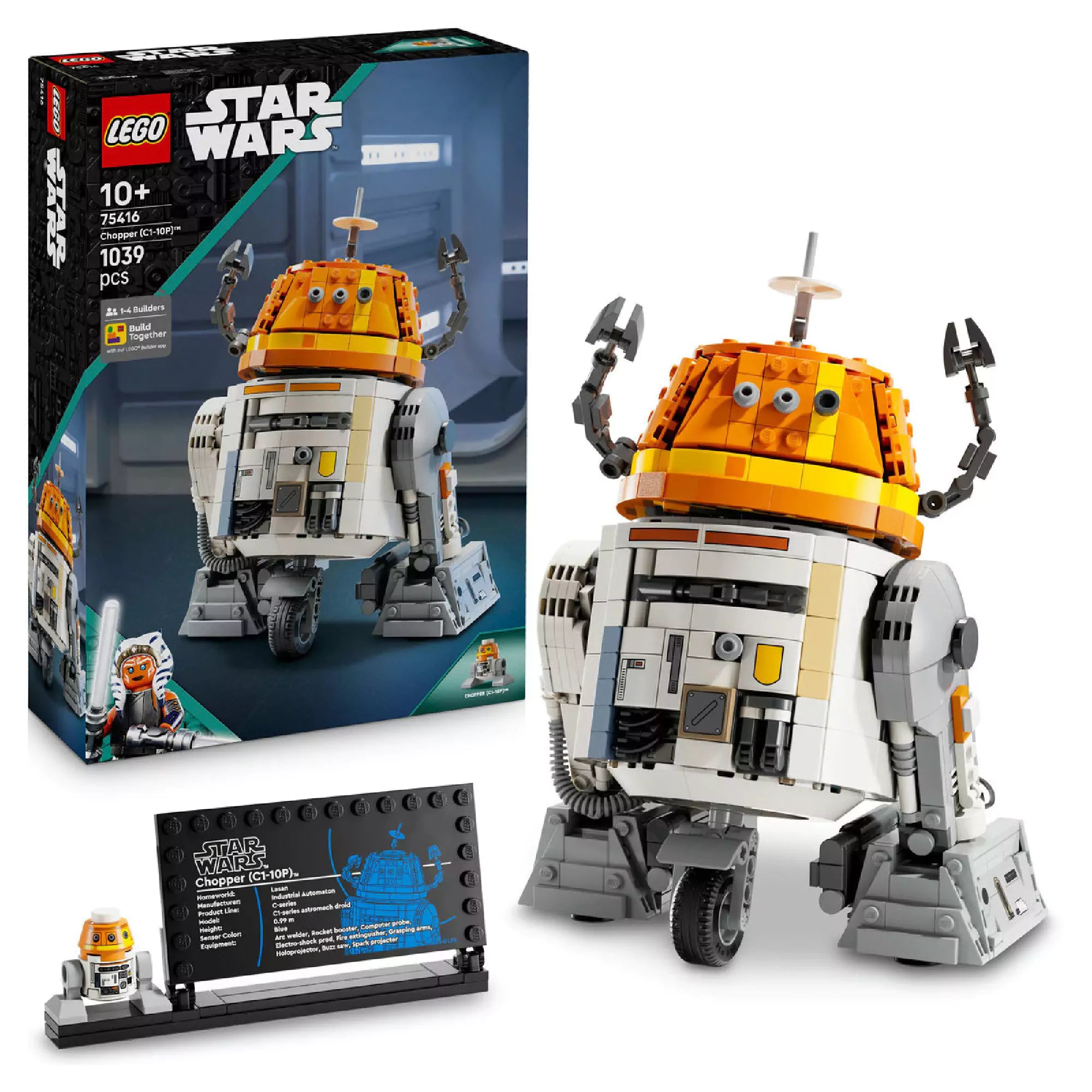 A LEGO Star Wars Chopper (C1-10P) 75416 robotmodell és tartozékai, köztük a bemutatótábla, egy minifigura és a doboz képe látható.
