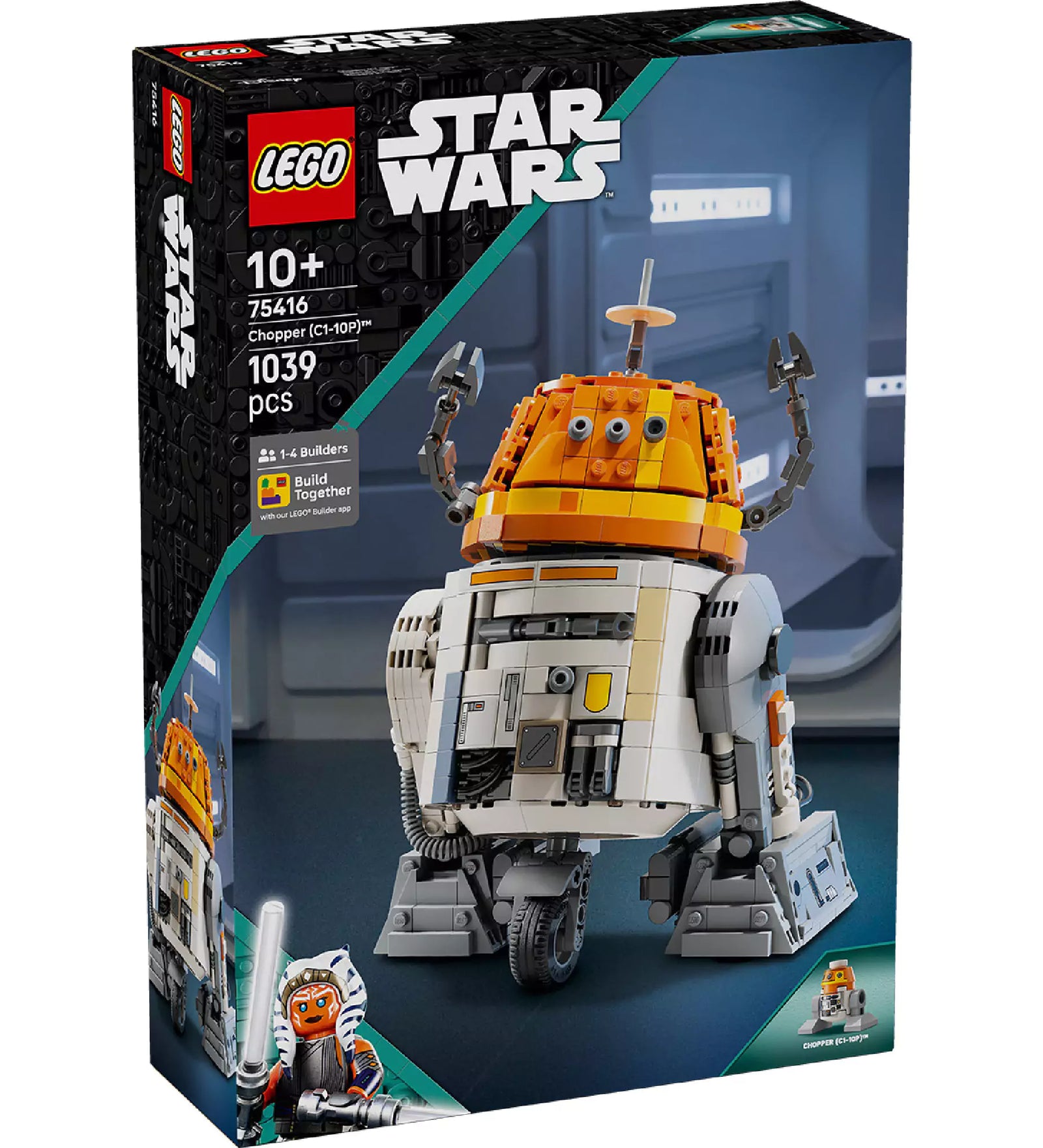 LEGO Star Wars Chopper (C1-10P) 75416 készlet doboza, amelyen a robot figura látható narancssárga fejjel és mozgatható karokkal, 1039 darabból álló szettként 10 éves kortól ajánlva.