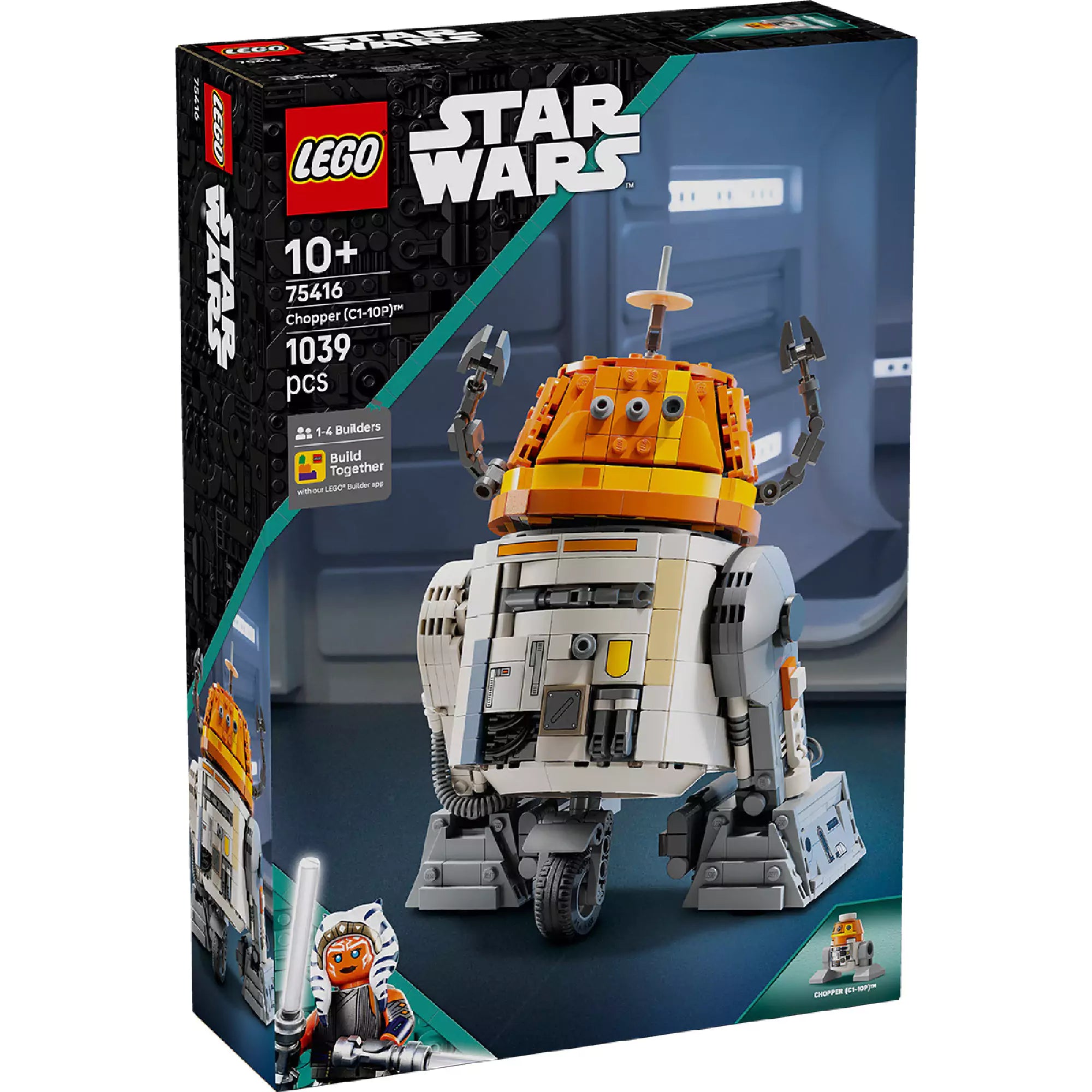 LEGO Star Wars Chopper (C1-10P) 75416 készlet doboza, amelyen a robot figura látható narancssárga fejjel és mozgatható karokkal, 1039 darabból álló szettként 10 éves kortól ajánlva.