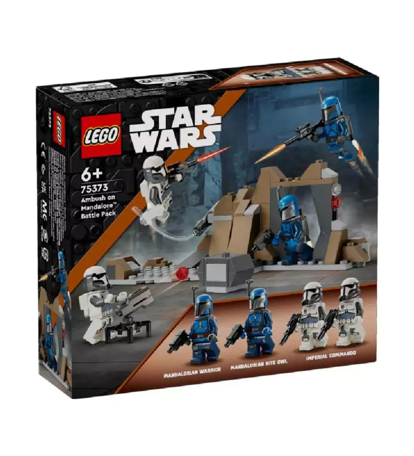 A LEGO Star Wars 75373 Csapda a Mandalore bolygón harci csomag dobozának előlapja, rajta a négy minifigura és az akciójelenet a sziklás terepen.