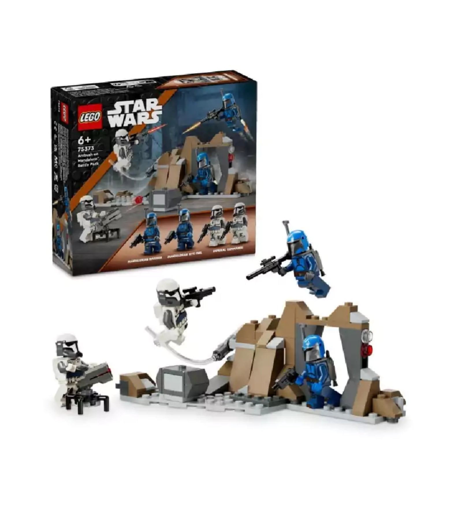 A LEGO Star Wars Csapda a Mandalore bolygón harci csomag (75373) doboza és a teljes készlet: négy minifigura (két Mandalori harcos, két birodalmi kommandós), valamint egy barna-szürke sziklás bázisépítmény és kilövőállás.