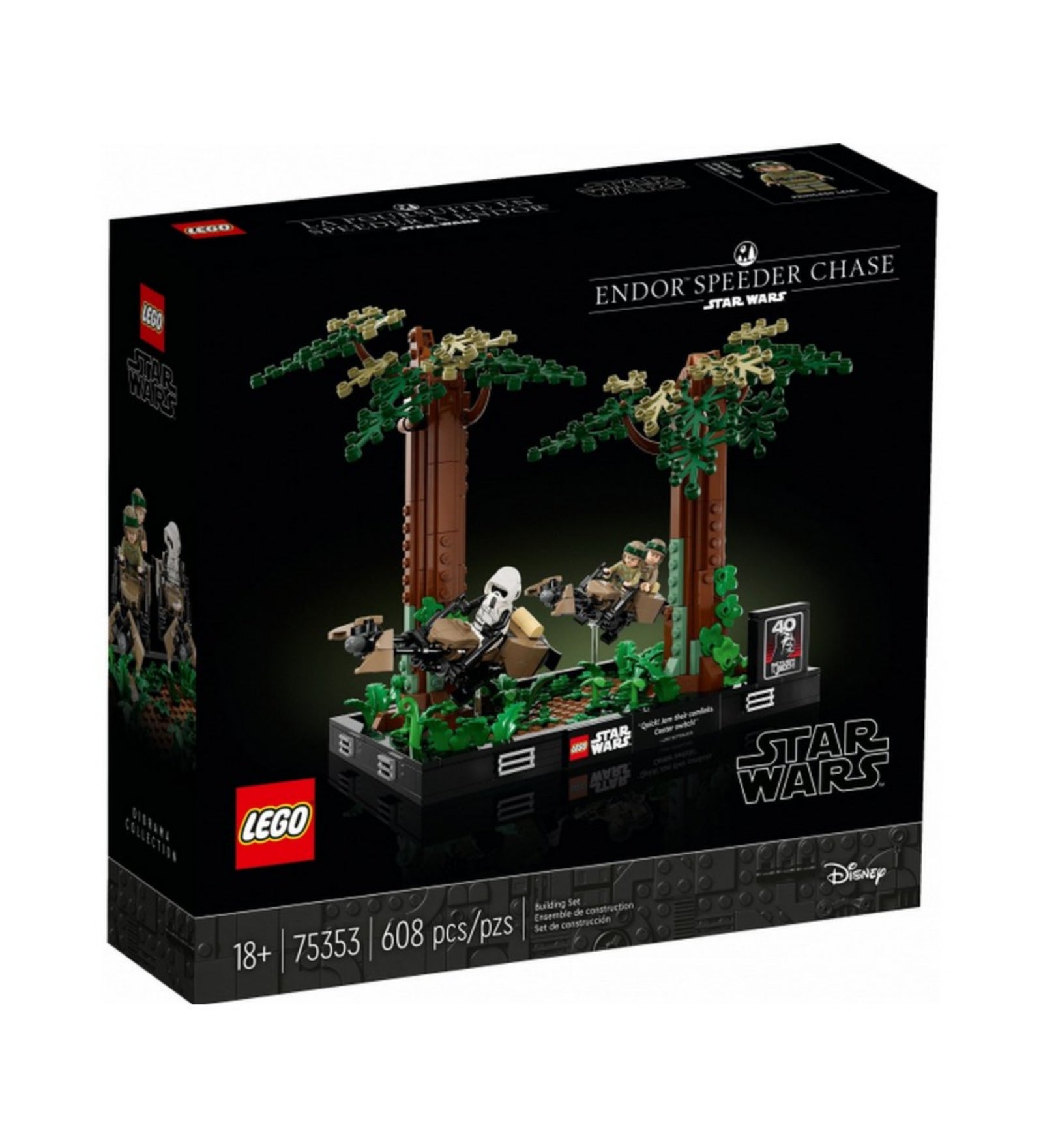  A LEGO Star Wars Endor sikló üldözés dioráma 75353 szett doboza elölről, a termék fotójával, 40. évfordulós Star Wars logóval és a készlet 608 darabos jelölésével.