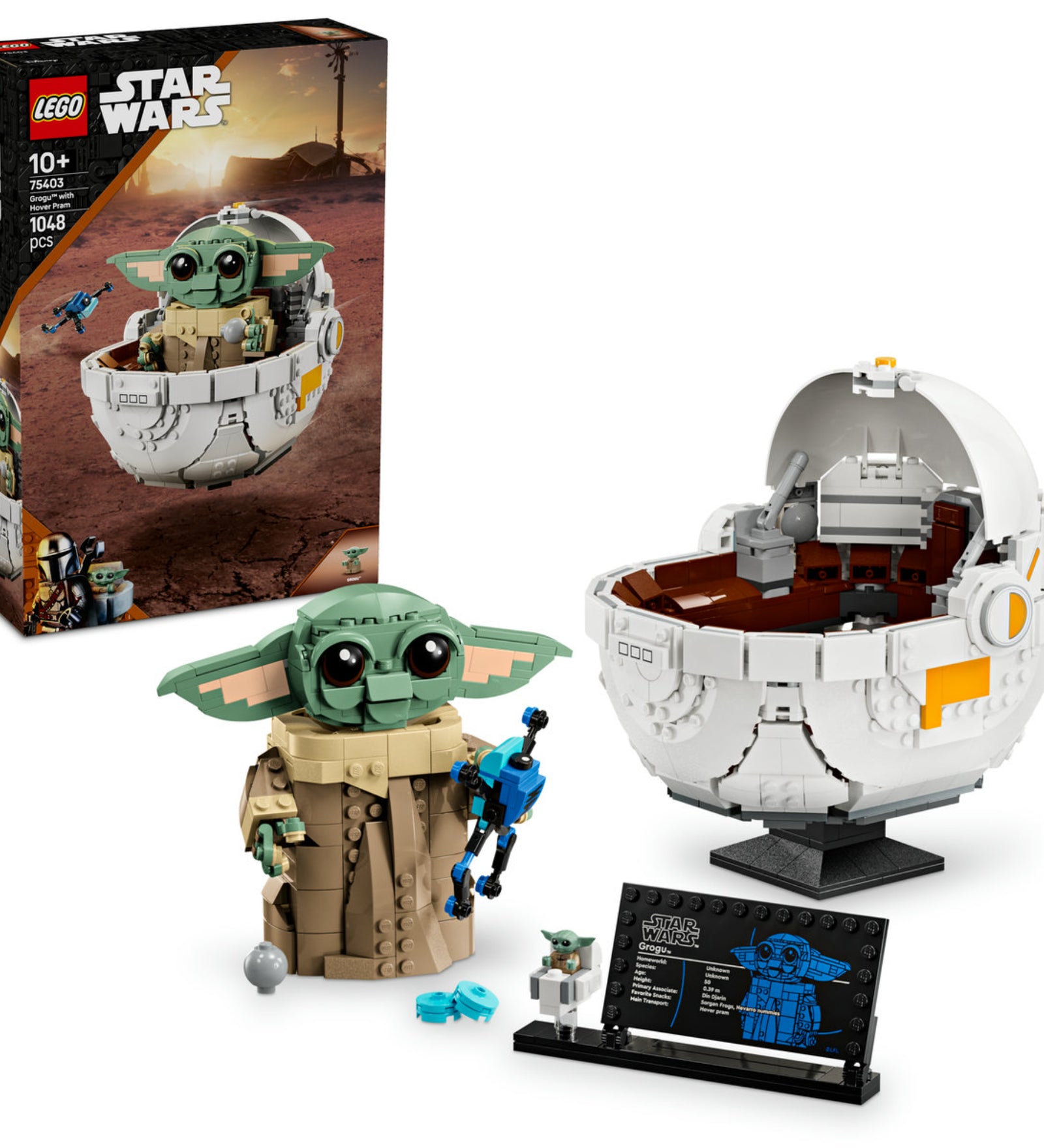 LEGO Star Wars Grogu with Hover Pram (75403) készlet tartalma – Megépíthető Grogu figura, részletes lebegő babakocsi, információs tábla és minifigura.
