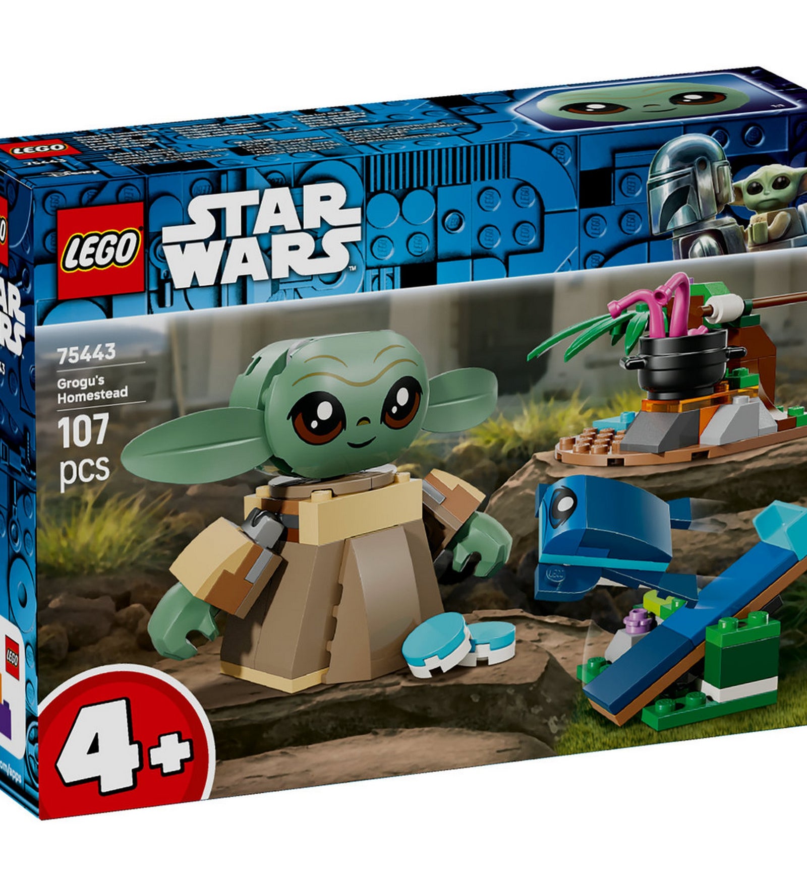 LEGO Star Wars Grogu’s Homestead (75443) – A készlet dobozának eleje, Grogu figurával és a kis építhető környezeti elemekkel.
