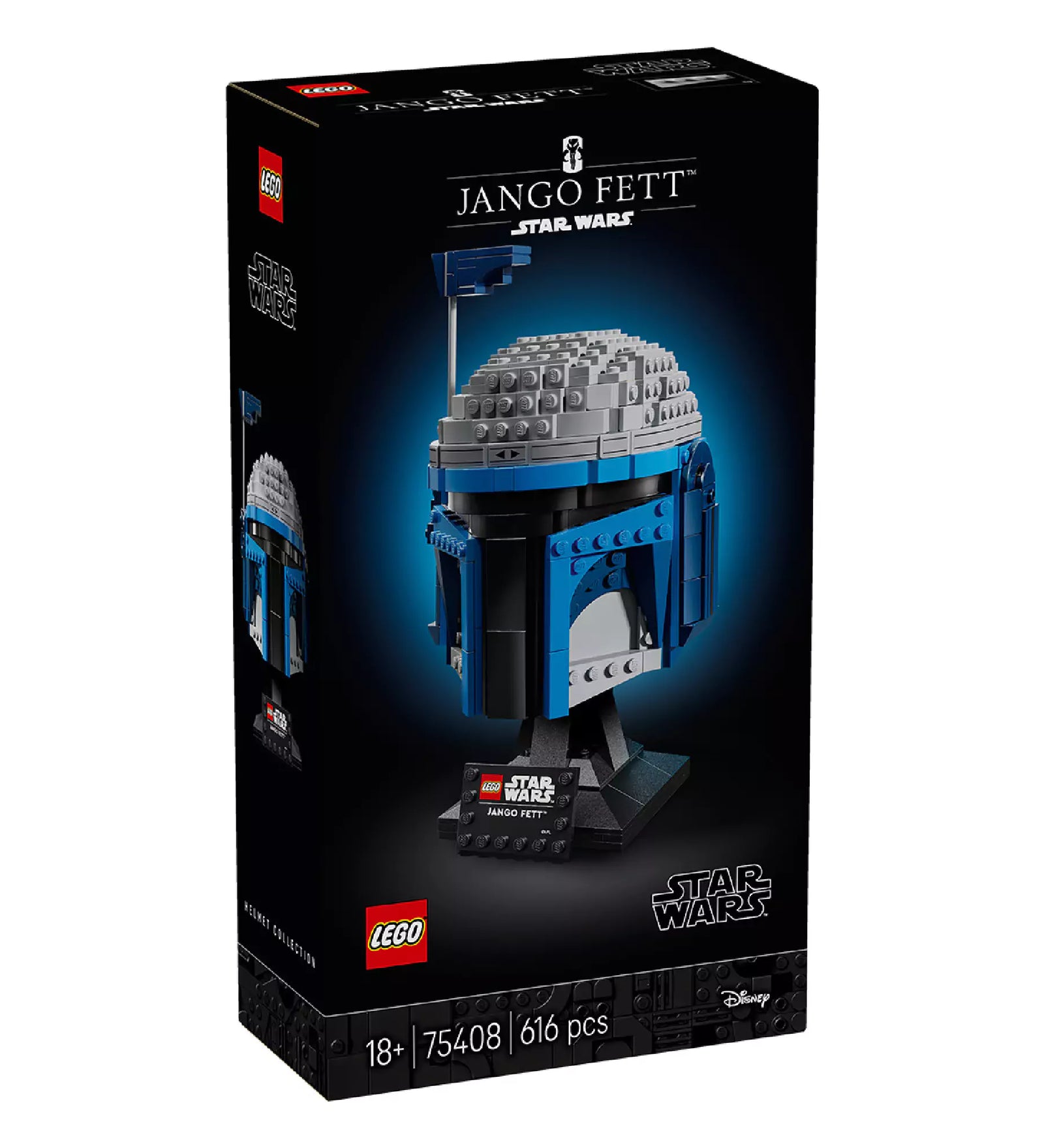 LEGO Star Wars Jango Fett sisak (75408) termékdoboz elölnézete, sötét háttérrel, jól láthatóan a kész modell és a LEGO logó, Star Wars felirat, valamint a darabszám és az ajánlott korosztály (18+).