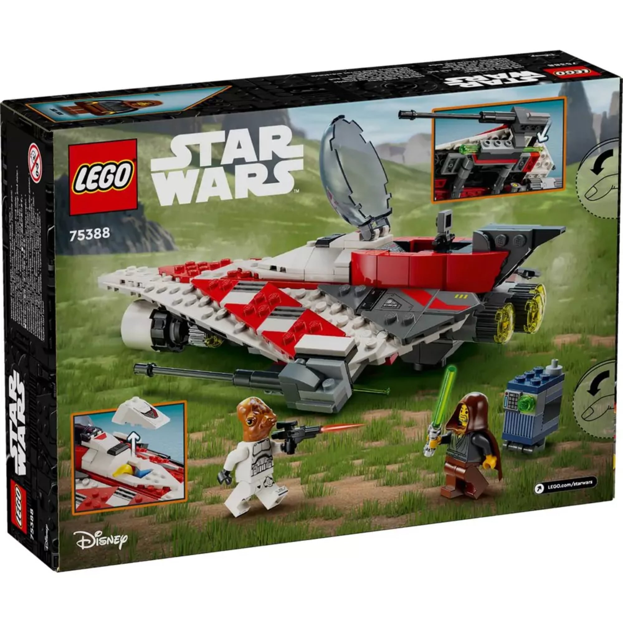 A LEGO Star Wars Jedi Bob csillagharcos űrhajója (75388) készlet doboza elölnézetből, piros-fehér csillagharcos űrhajóval, Jedi Bob, Ackbar tábornok és GNK droid minifigurákkal.