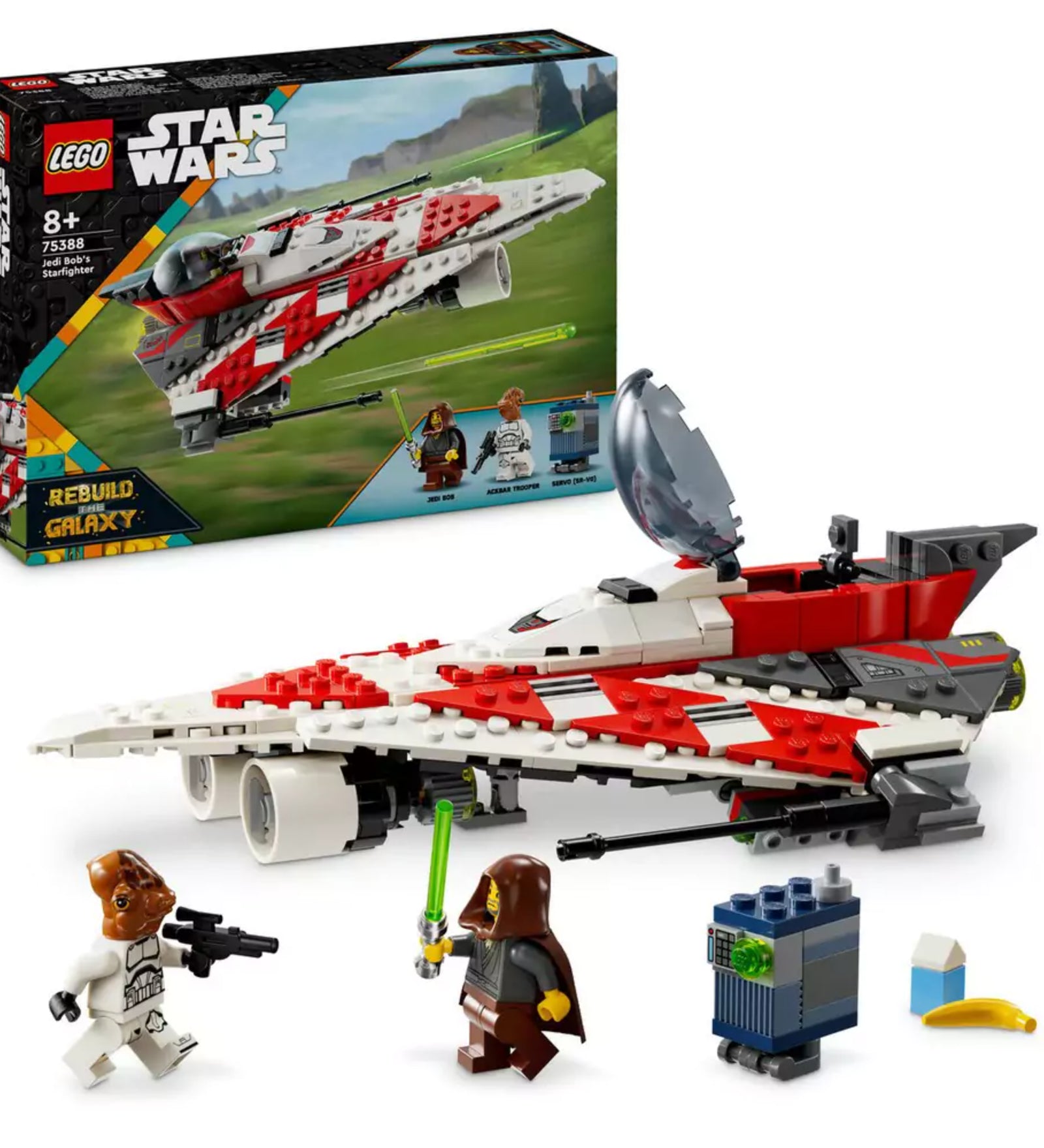 A LEGO Star Wars Jedi Bob csillagharcos űrhajója (75388) doboza és az összerakott jármű akcióban, Jedi Bob, Ackbar tábornok és egy GNK droid minifigurákkal a zöld mező hátterében.