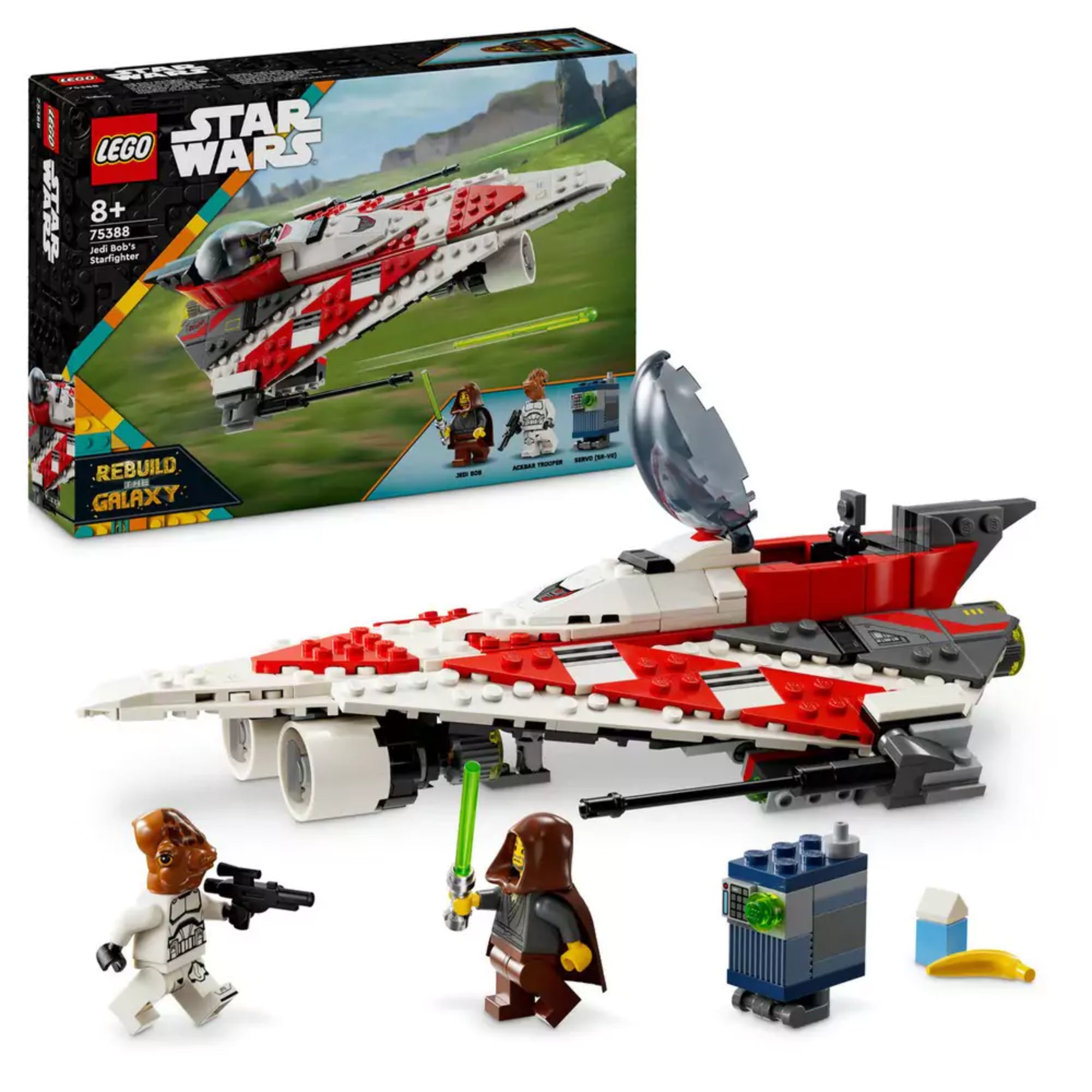 A LEGO Star Wars Jedi Bob csillagharcos űrhajója (75388) doboza és az összerakott jármű akcióban, Jedi Bob, Ackbar tábornok és egy GNK droid minifigurákkal a zöld mező hátterében.