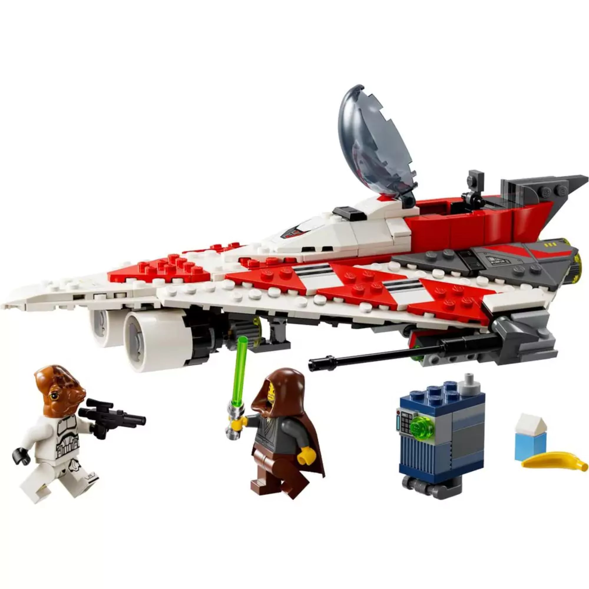 A LEGO Star Wars Jedi Bob csillagharcos űrhajója (75388) teljes készlete kicsomagolva: részletesen kidolgozott csillagharcos, Jedi Bob zöld fénykarddal, Ackbar tábornok és egy kék GNK droid, valamint egy banán és tejdoboz kiegészítő.