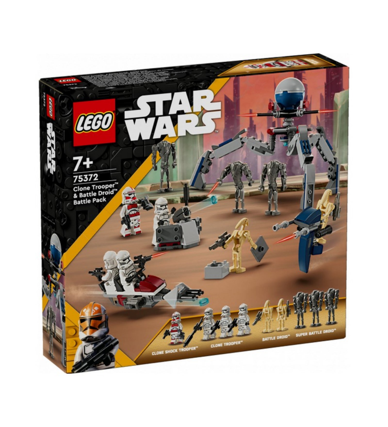 A LEGO Star Wars 75372 készlet dobozának előlapja, amelyen a klón katonák és különböző harci droidok küzdelme látható egy sci-fi városi háttérrel, az alsó részen minifigura-bemutató sávval és a Clone Shock Trooper kiemelt portréjával.