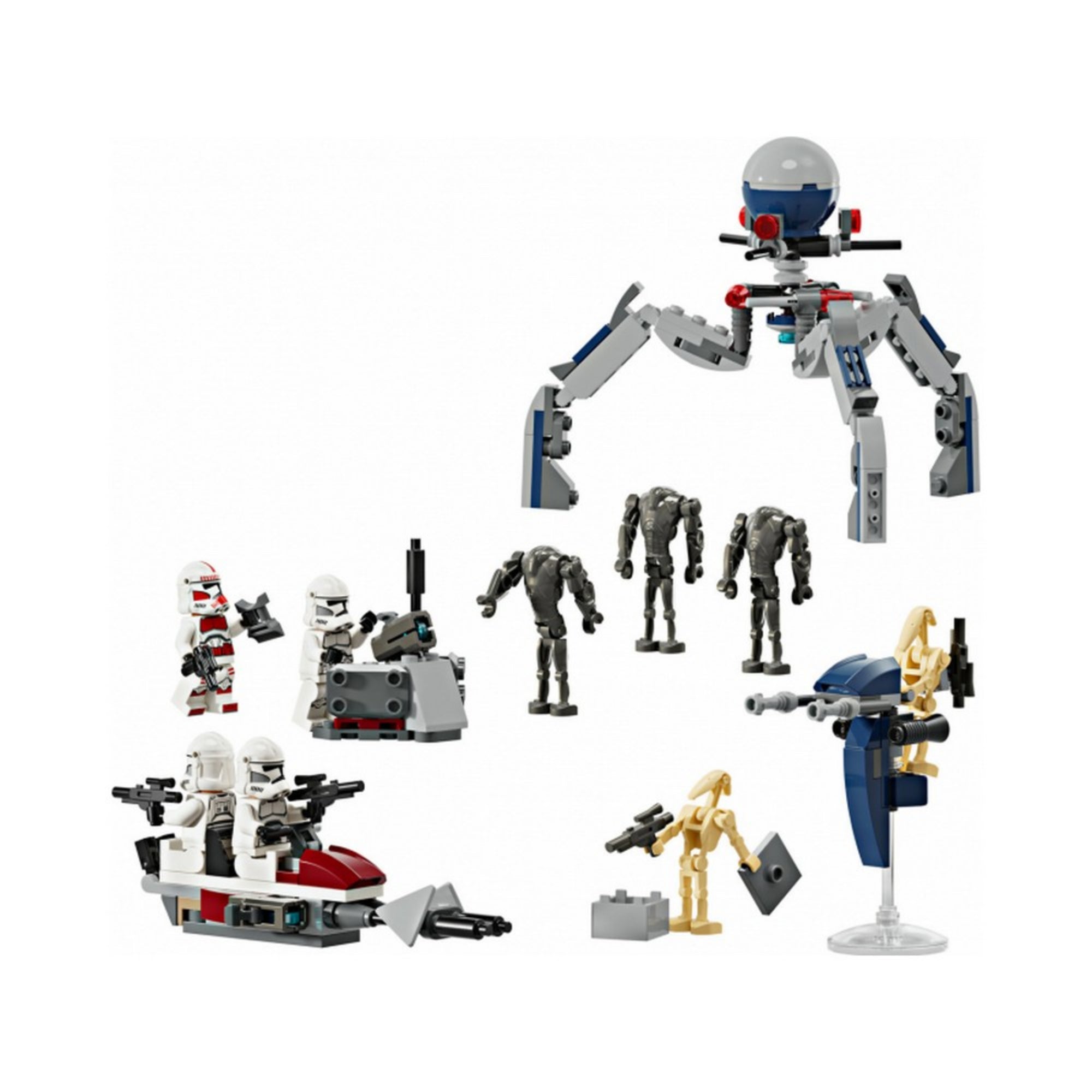 Részletes LEGO jelenet a 75372-es Klónkatona és harci droid harci csomagból, amelyen egy piros-fehér siklón utazó klón katonák, egy gránátvető, három szuper harci droid, két sárga harci droid és egy nagy pókszerű droid is látható – a készlet minden fő eleme összerakva és akció pózban elhelyezve.