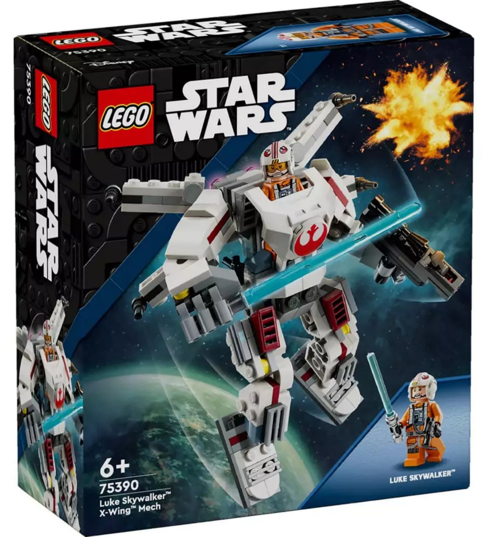LEGO Star Wars Luke Skywalker X-Wing robotja (75390) doboz – látványos grafikával, Luke Skywalker minifigurával és a fehér-piros mech robottal.
