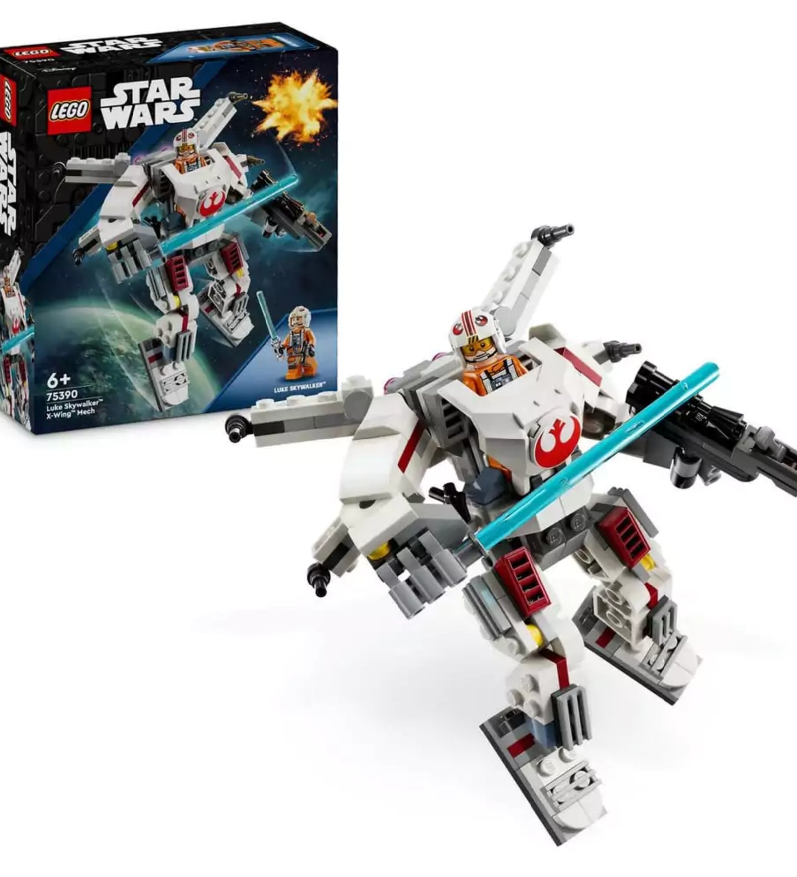 LEGO Star Wars Luke Skywalker X-Wing robotja (75390) – a 195 darabos szett összeszerelt, akciópozícióban látható, háttérben a csomagolással.