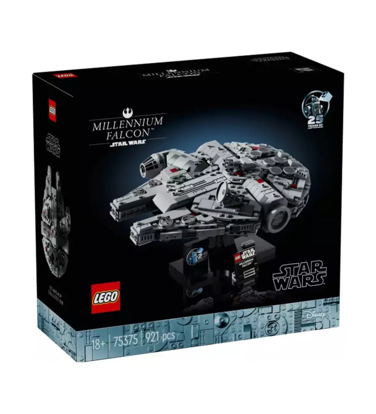 A LEGO Star Wars Millennium Falcon (75375) szett díszdoboza, fekete alapszínű háttérrel, középen a Millennium Falcon részletes, kicsinyített változatával egy kiállítóállványon, az ikonikus 25 éves Star Wars évfordulós logóval és a LEGO Star Wars felirattal, valamint a doboz bal alsó sarkában a piros LEGO logóval.