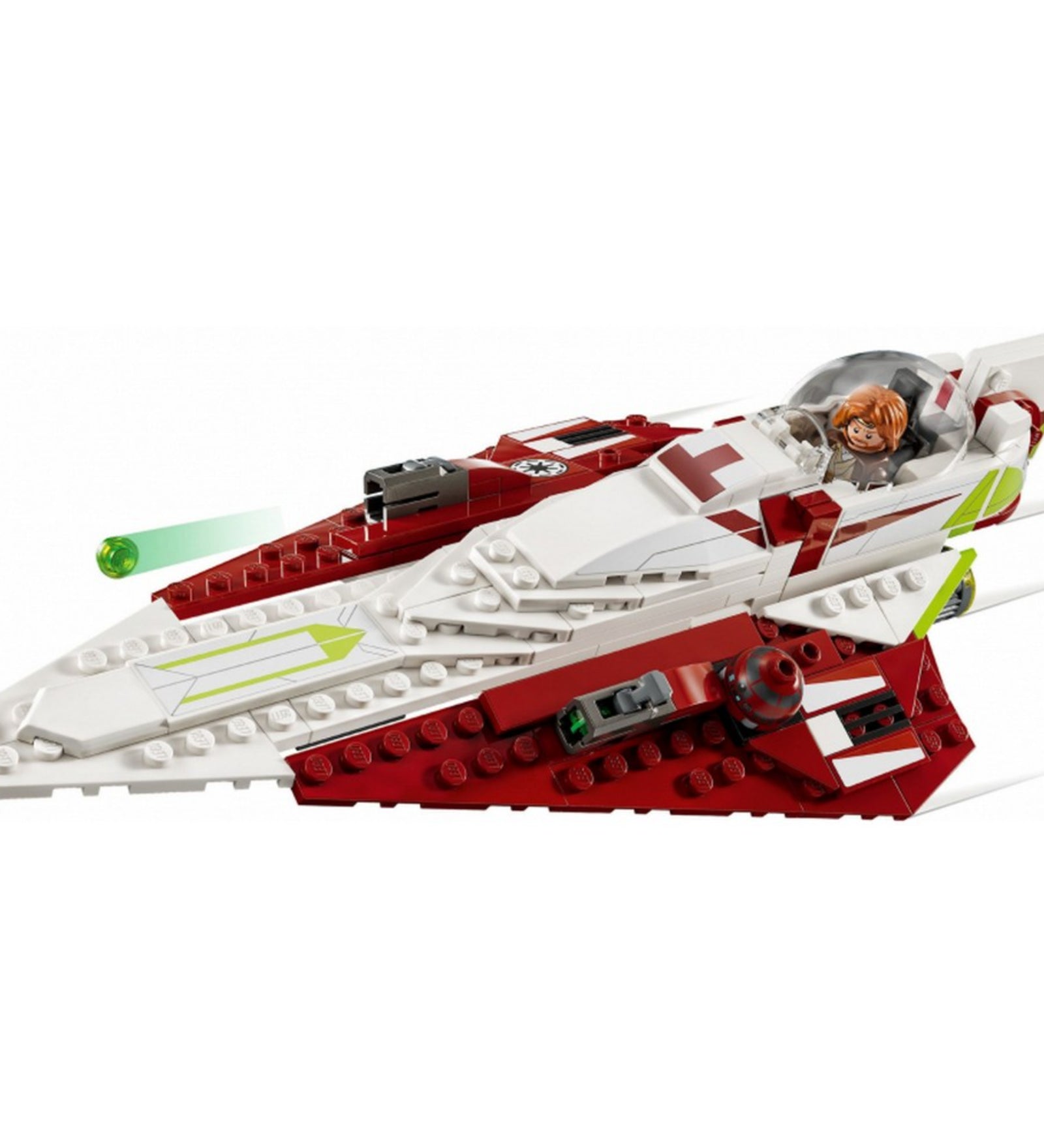 A Jedi Starfighter oldalnézetből, zárt pilótafülkével, beültetett Obi-Wan figurával és kibillentett zöld lövedékkel; a gép piros-fehér színe dominál sárga és zöld részletekkel.