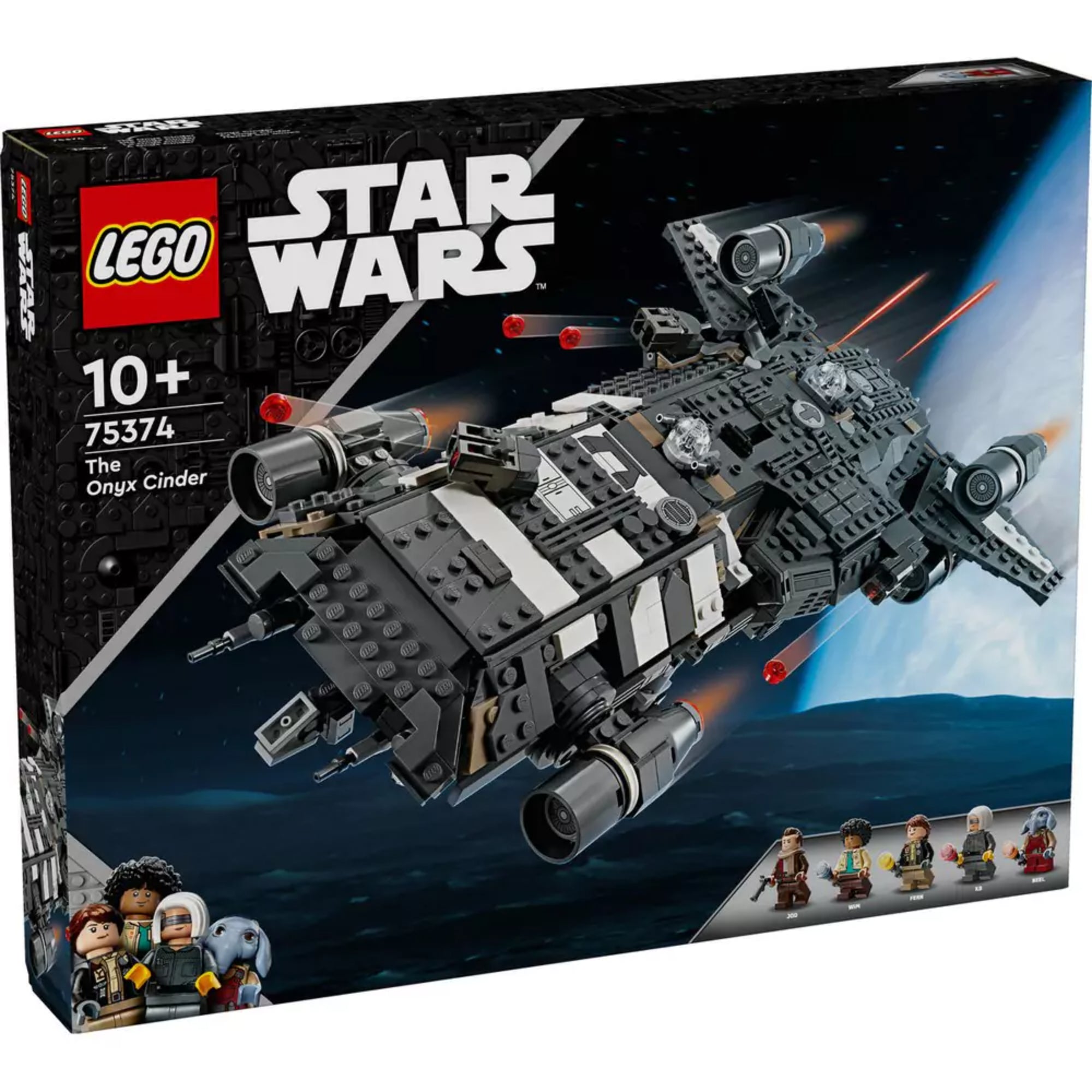A LEGO Star Wars Onyx Cinder (75374) szett doboza, sötét háttérrel, az űrhajó repülés közben látható, alul a hat minifigura bemutatva.