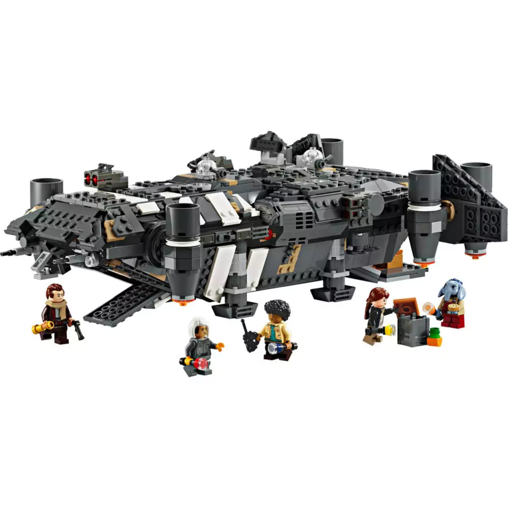 A LEGO Star Wars Onyx Cinder (75374) teljes készlete összeszerelve, hat minifigurával és kiegészítőkkel, részletesen kidolgozott szürke és fekete űrhajóval.