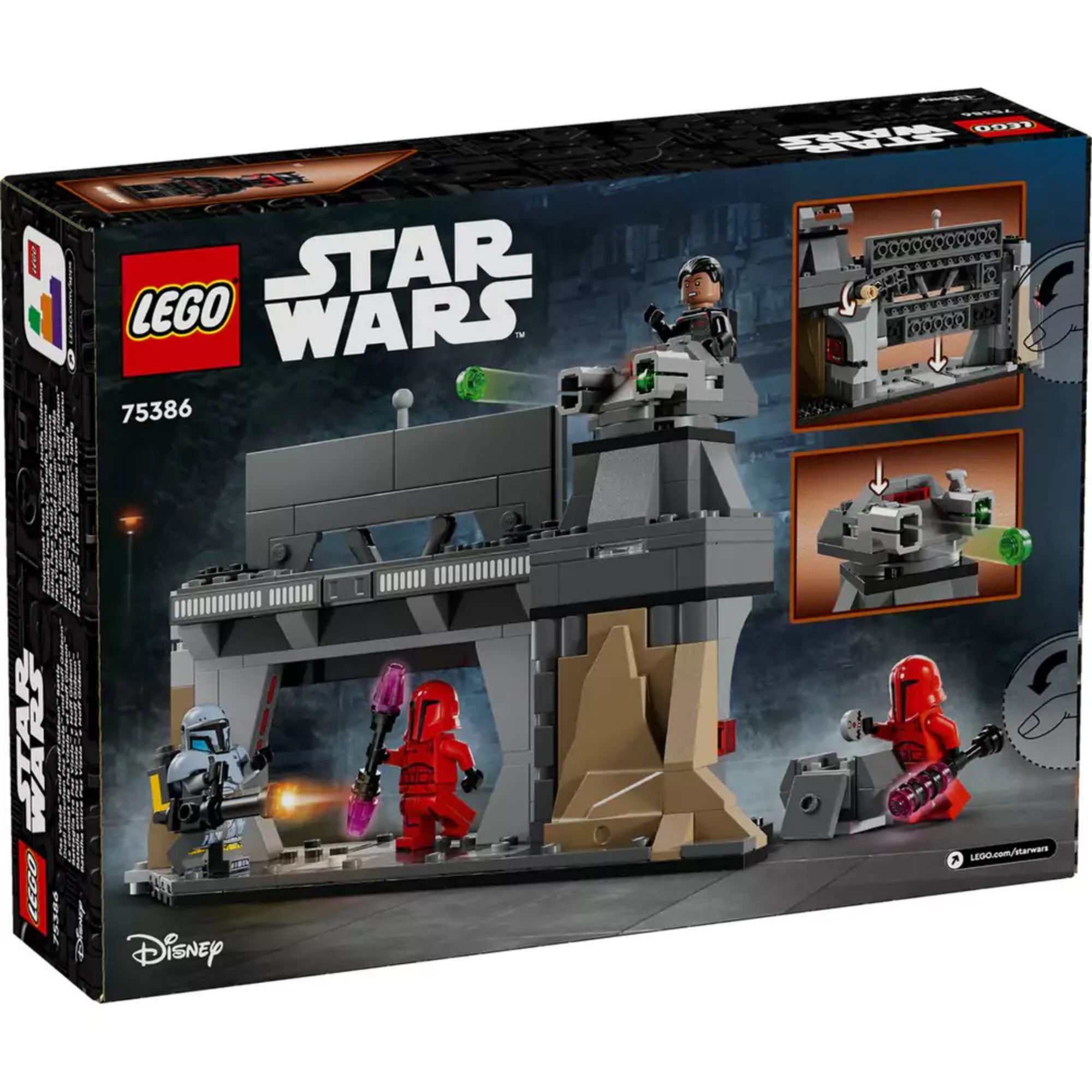 LEGO Star Wars Paz Vizsla és Moff Gideon csatája (75386) – a doboz hátlapja, működő funkciókat bemutató illusztrációkkal: kinyitható ajtó, rakétavető, és a minifigurák csatajelenete.