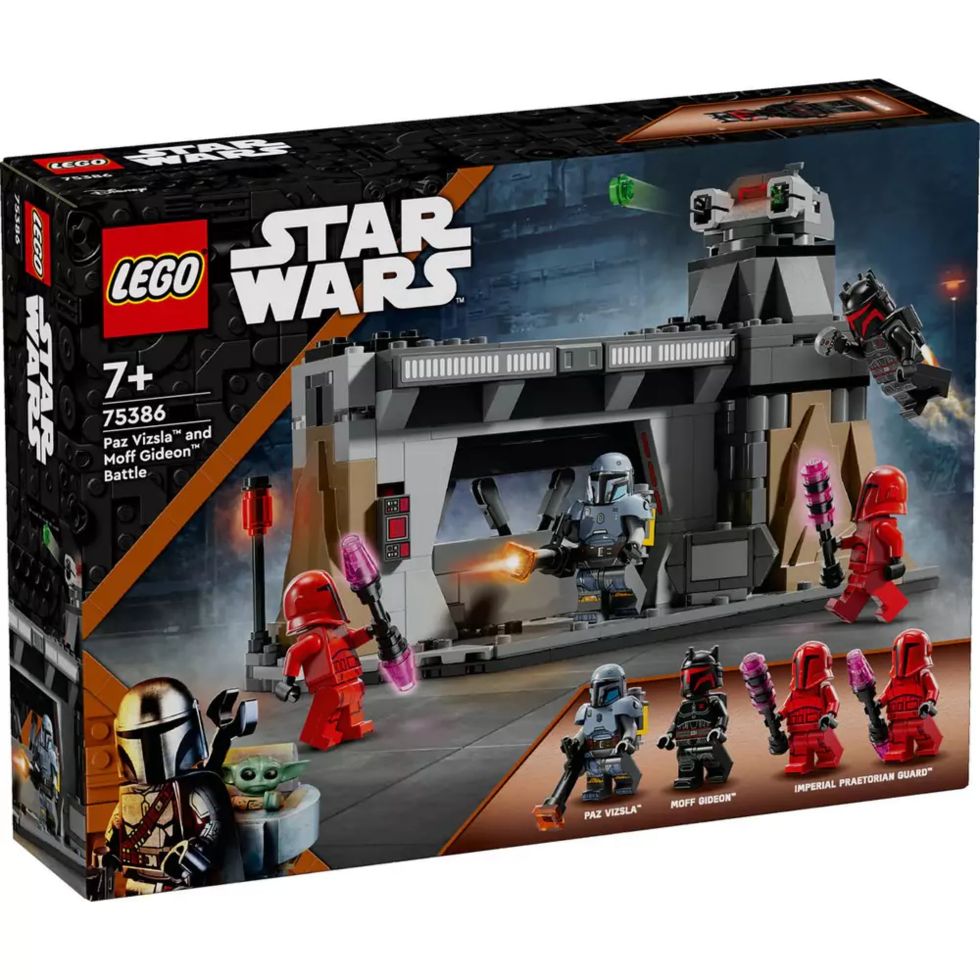 LEGO Star Wars Paz Vizsla és Moff Gideon csatája (75386) – a termék dobozának előlapja, a harci jelenettel, öt minifigurával és a LEGO Star Wars logóval.