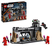 LEGO Star Wars Paz Vizsla és Moff Gideon csatája (75386) – a készlet doboza és az összeépített jelenet, benne Moff Gideon jetpackkel, Paz Vizsla, és három Praetorian gárdista különleges fegyverekkel.