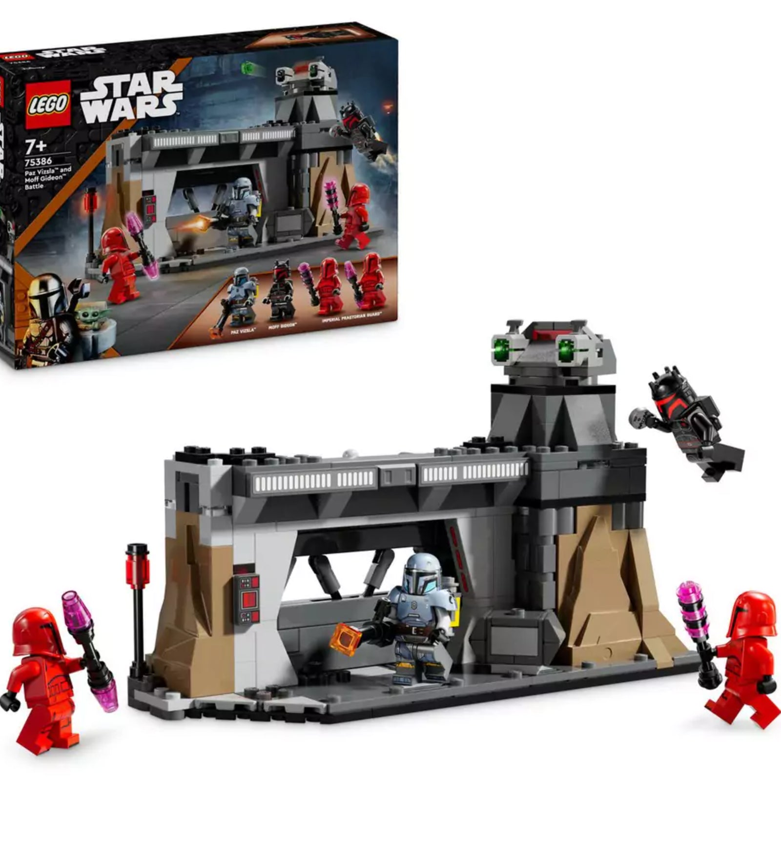 LEGO Star Wars Paz Vizsla és Moff Gideon csatája (75386) – a készlet doboza és az összeépített jelenet, benne Moff Gideon jetpackkel, Paz Vizsla, és három Praetorian gárdista különleges fegyverekkel.