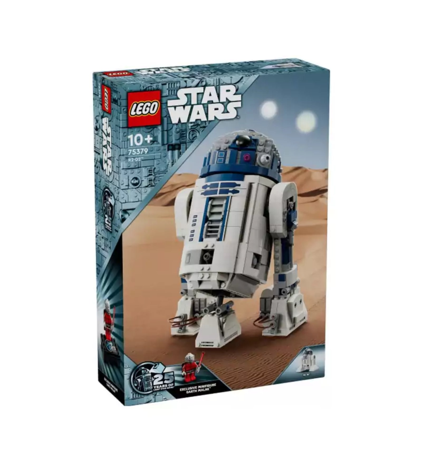 A LEGO Star Wars R2-D2 (75379) készlet doboza sivatagi háttérrel, az előtérben a megépített R2-D2 figura, Darth Malak jubileumi minifigura, „25 Years” logó és a termékinformációk.